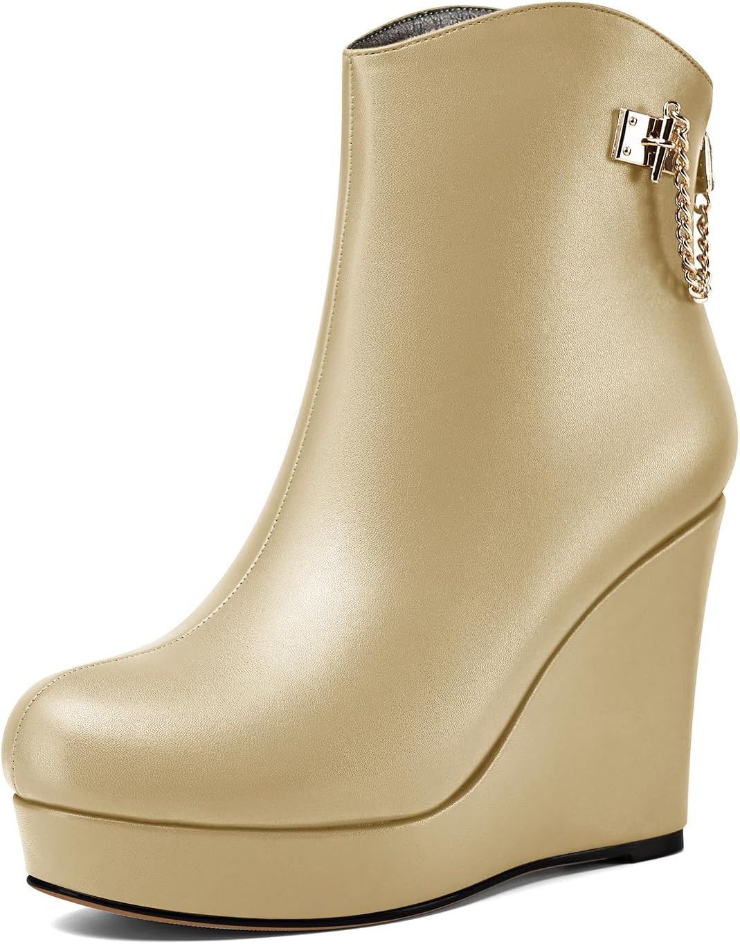 Castamere Womens High Wedge Platform Heel Round Toe Ankle Boots Short Bootie Zipper Metal Chain Slip-on Dress 3.9 Inches Heels