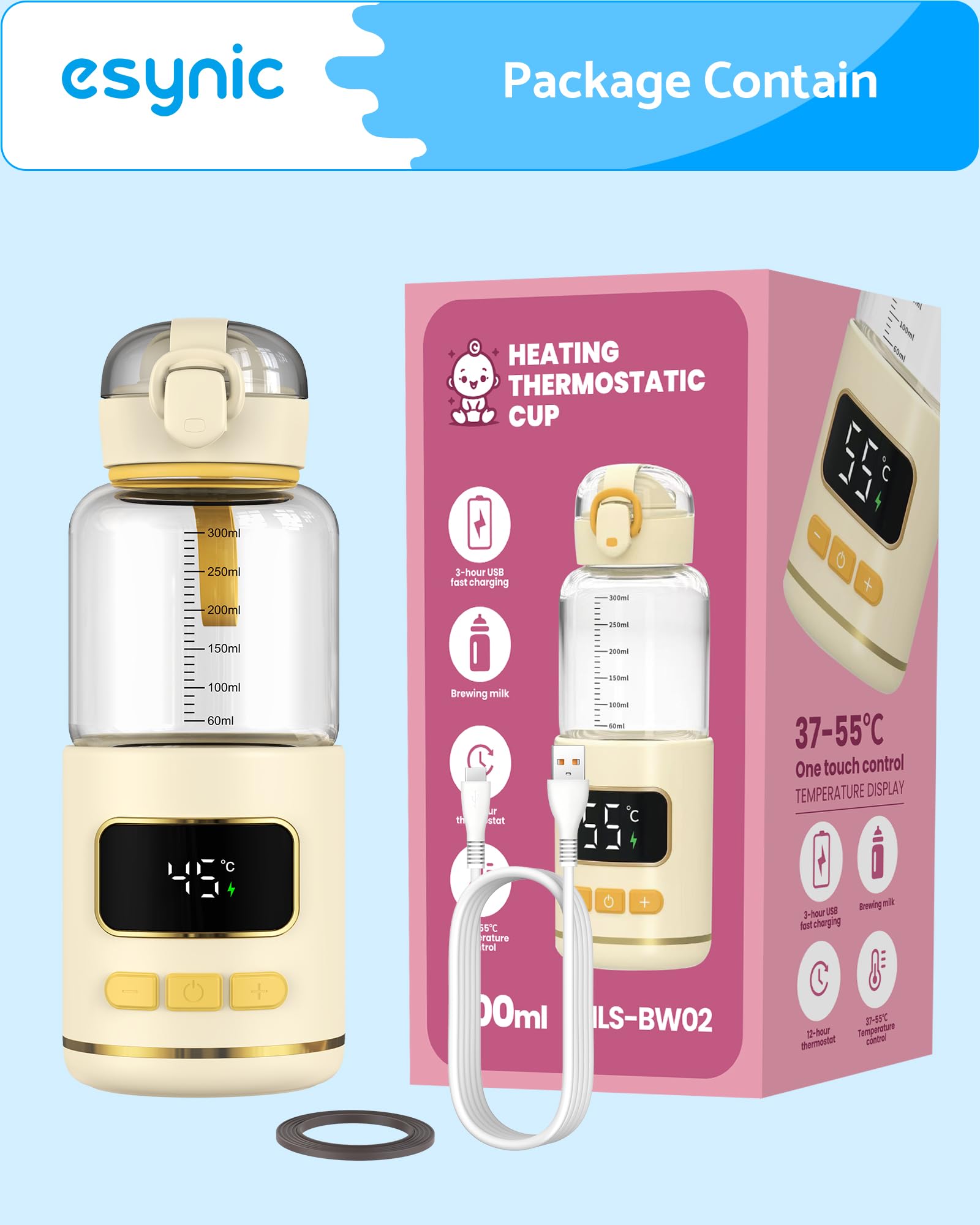 eSynic Chauffe Biberon Portable Capacité 300ml Verre Borosilicaté Graduations Claires Chauffe Biberon Nomade Écran Digital Contrôle de Température 37–55°C Batterie 15000mAh Amovible pour Voyage Sortie