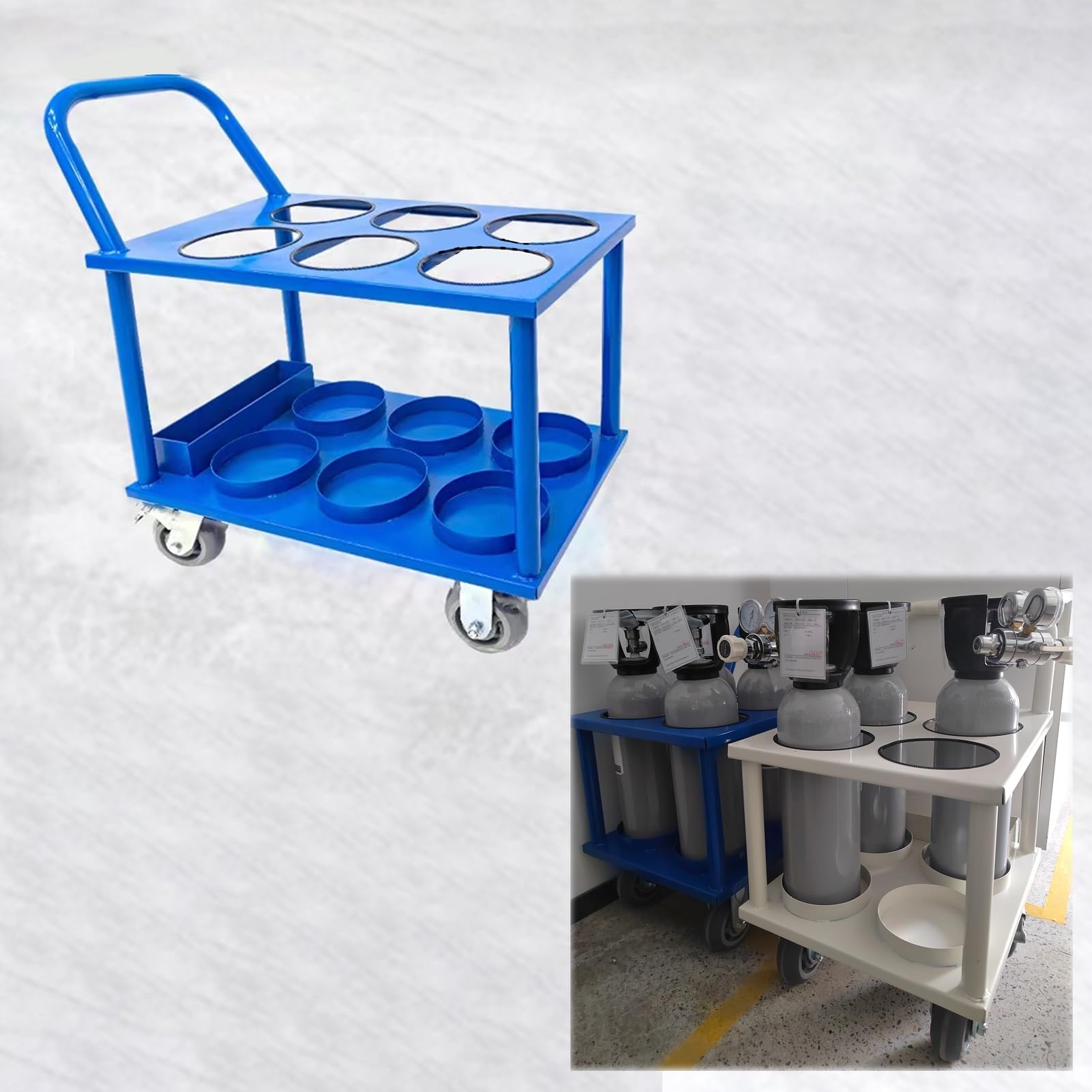 GLJTUO Oxygen Cylinder Rack 4-Wheel Oxygen Tank Cart Holder, 6.3" Diameter Oxygen Cylinder Trolley, Oxygen Cylinder Stand for 4/ 5L Tank, for Storage & Transportation,Blue-6 slots