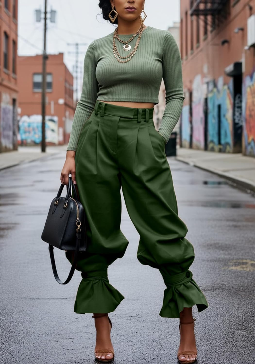 LETSVDO Women Wide Leg Dress Pants High Waist Paper Bag Ruffle Lantern Barrel Slacks Casual Work Business Cropped Trousers