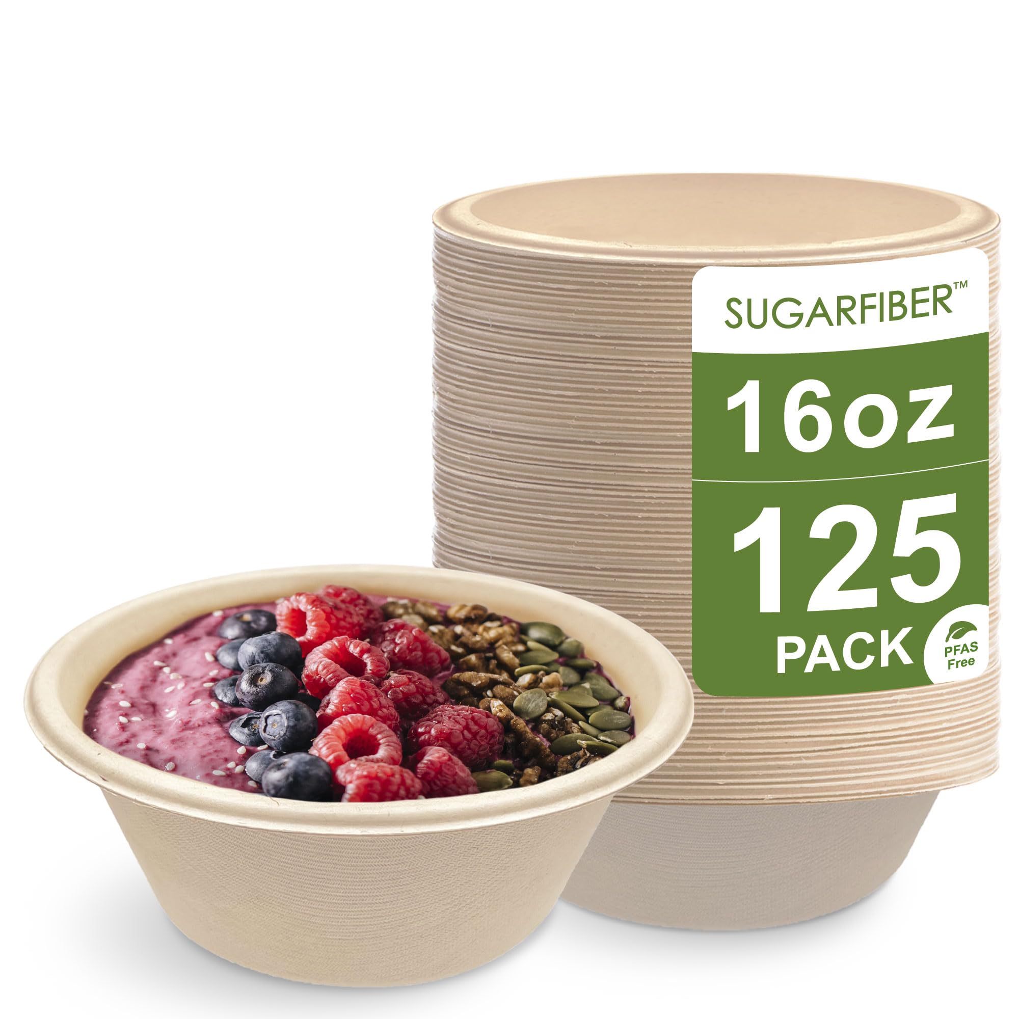 [125 cuentas] Tazones redondos de 16 onzas, contenedores ecológicos compostables hechos fibras vegetales para preparación de comidas para llevar platos de vajilla Catering 100% subproducto