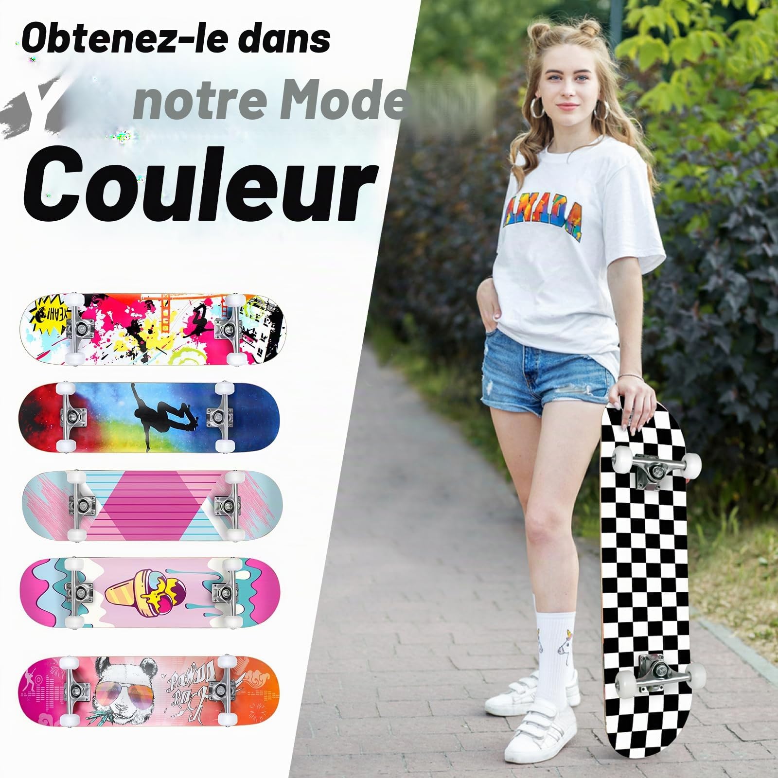 BELEEV Skateboard 31x8 pour Débutants, Enfants, Adolescents et Adulte, Complet Pro Cruiser Skateboard pour Fille Garcon, Érable Canadien 7 Couches, Double Plateau Concave avec Outil en T