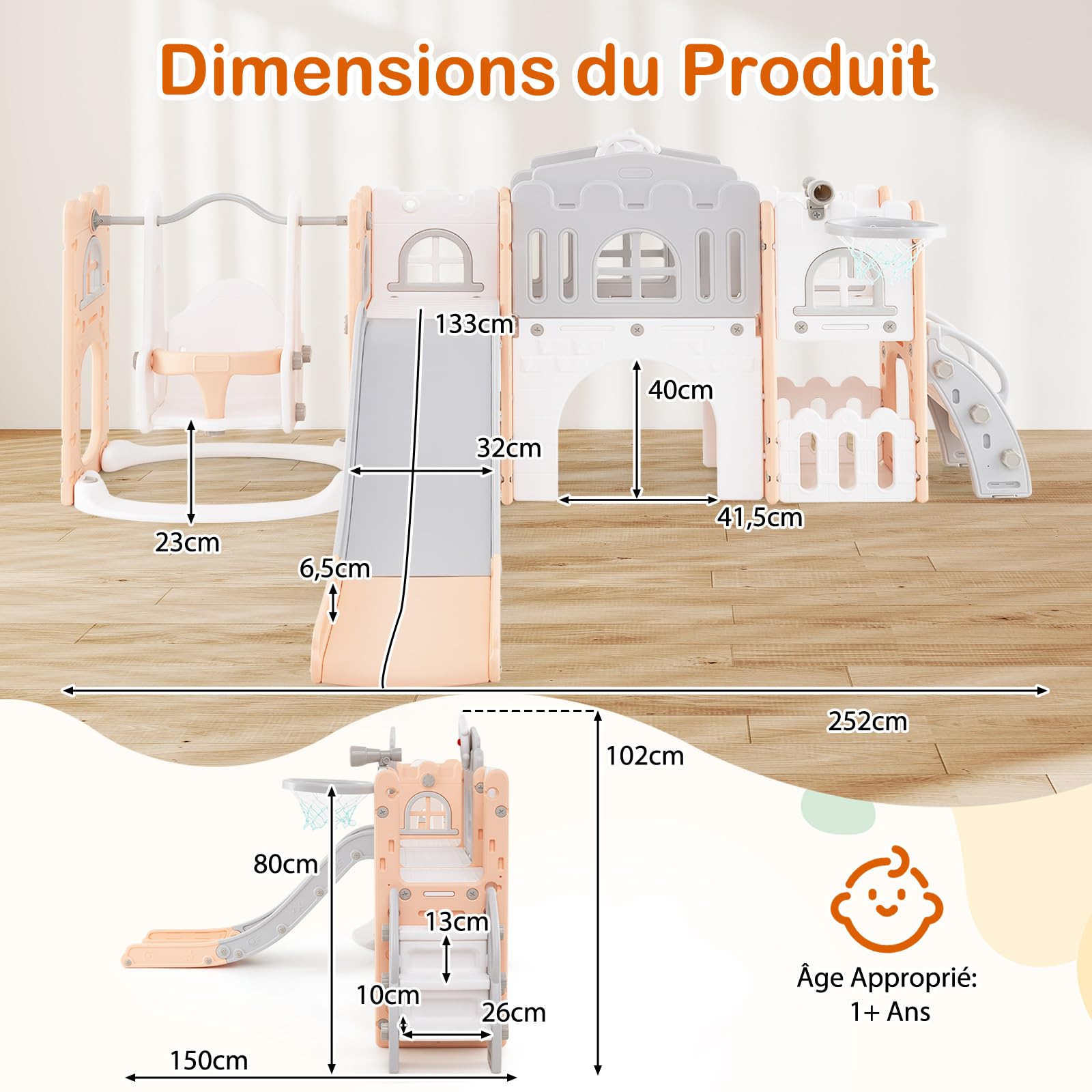 COSTWAY 10 en 1 Toboggan Enfant Pliable en HDPE avec Balançoire & Panier de Basketball, Aire de Jeux Intérieure avec Télescope & Volant & Échelle, Espace de Rangement pour Tout-Petits de 1 an+ (Rose)