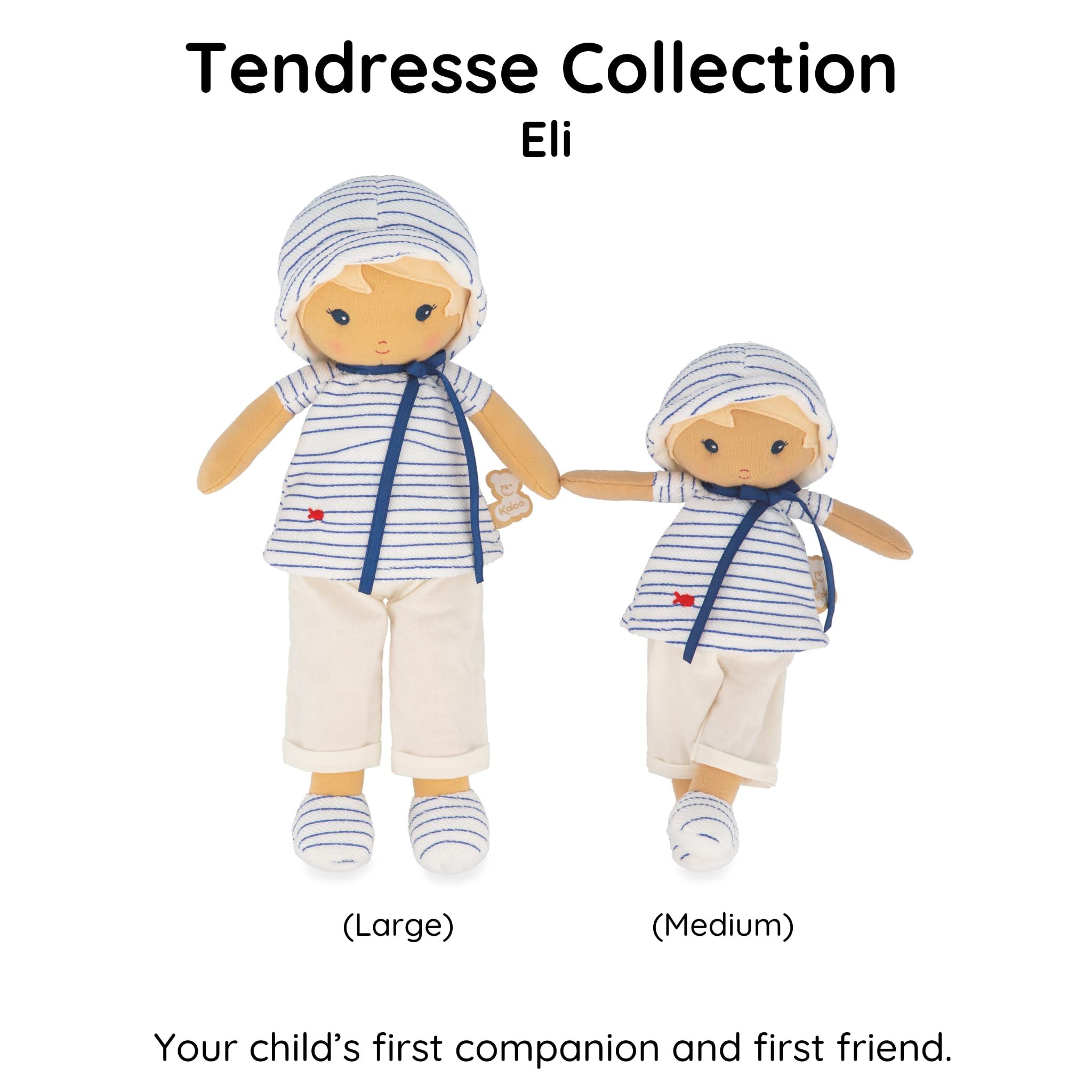 KALOO - Tendresse - Mi Primera Muñeca de Tela Eli - Muñeca de Trapo 25 cm - Camiseta Marinera - Bonita Caja de Regalo - Cinta Personalizable - Desde el Nacimiento, K200012