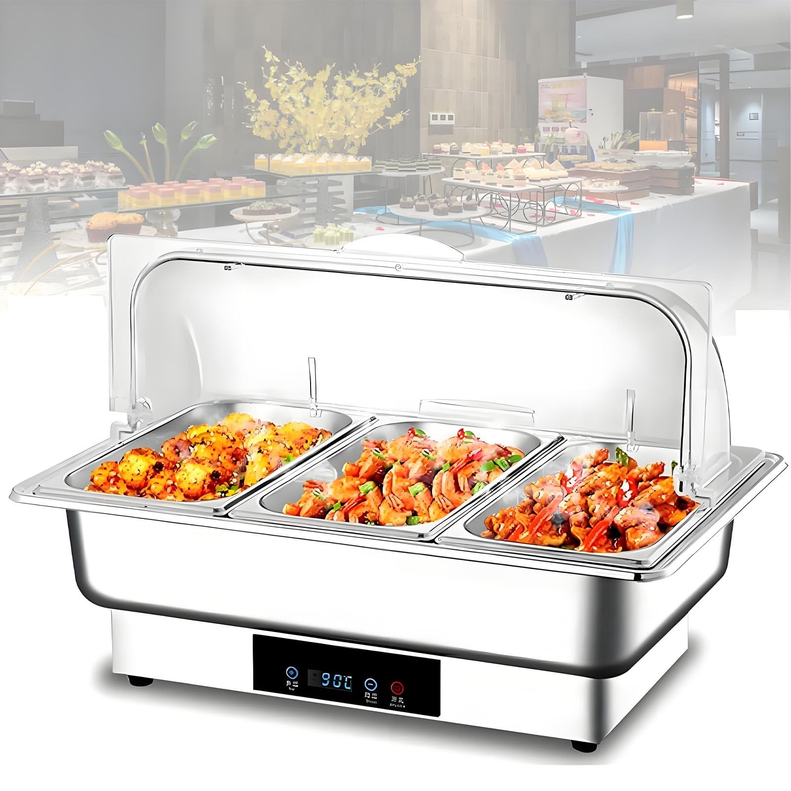 Chafing Dish elettrico da 600 W, server per buffet con pentola calda con coperchio, riscaldatore per alimenti in acciaio inossidabile, stoviglie per hotel, pentola quadrata isolata per fornello 3Slot