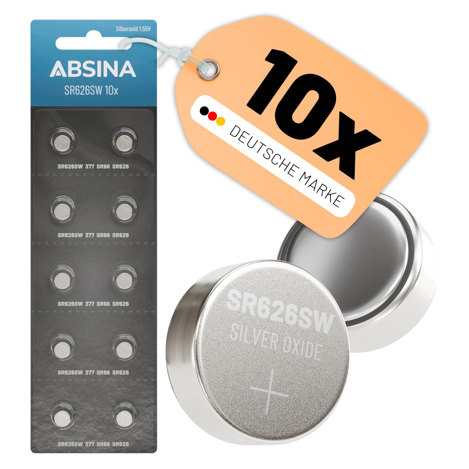 ABSINA SR626SW Uhrenbatterie 1,55V Silberoxid 10er Pack - Knopfzellen SR626SW auslaufsicher & Lange Haltbarkeit - Batterie SR 626 SW / 377 / SR66 / SR626 / 626 / AG4 - Uhrenbatterien Knopfzelle