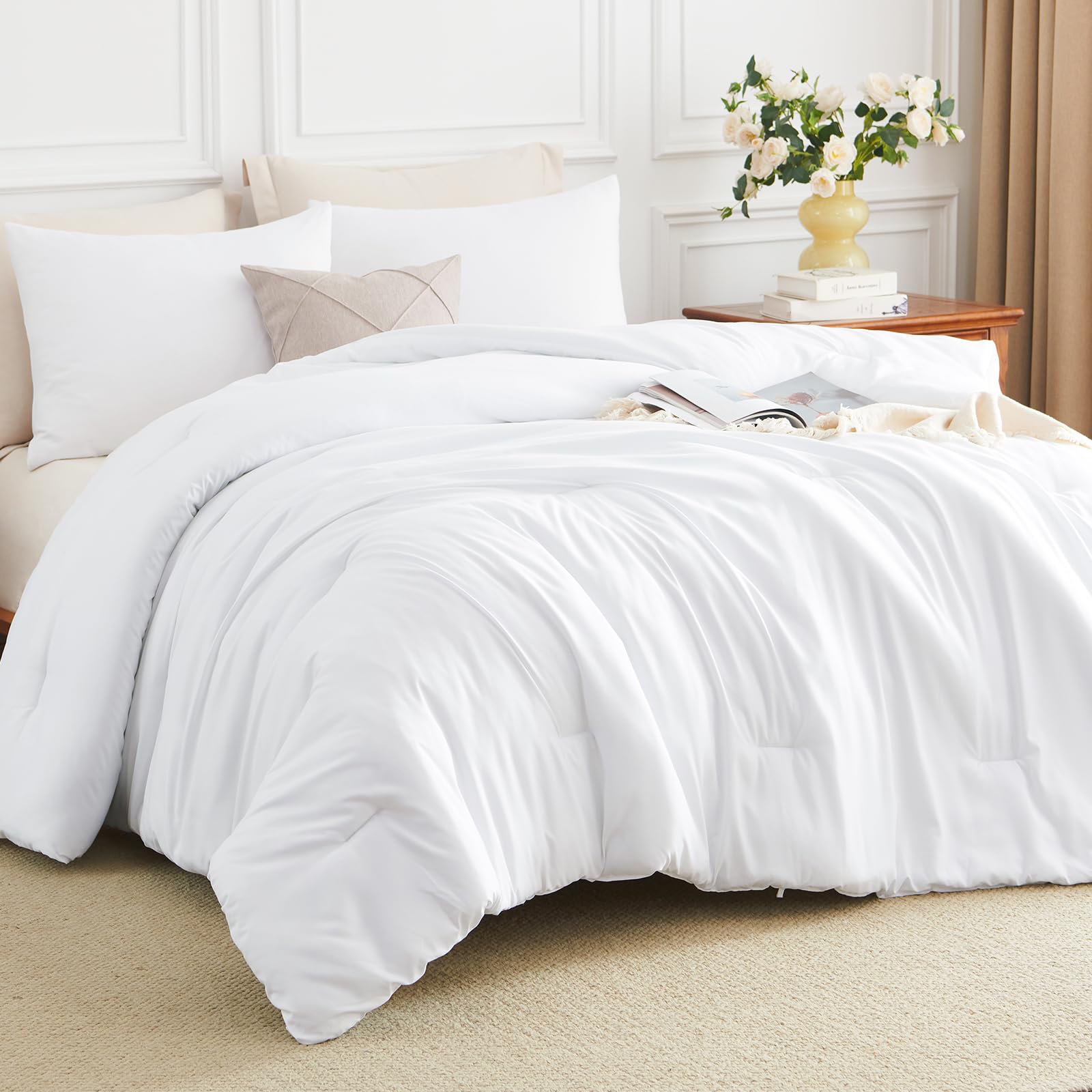 Full Comforter Set 3 Piece, 270GSM Down Alternative Fill, Oeko-TEX Certified, Quilted with 8 Corner Ties, All Season Bedroom Decor Bedding, 1 Comforter (82"x86") with 2 Pillowcases, White
