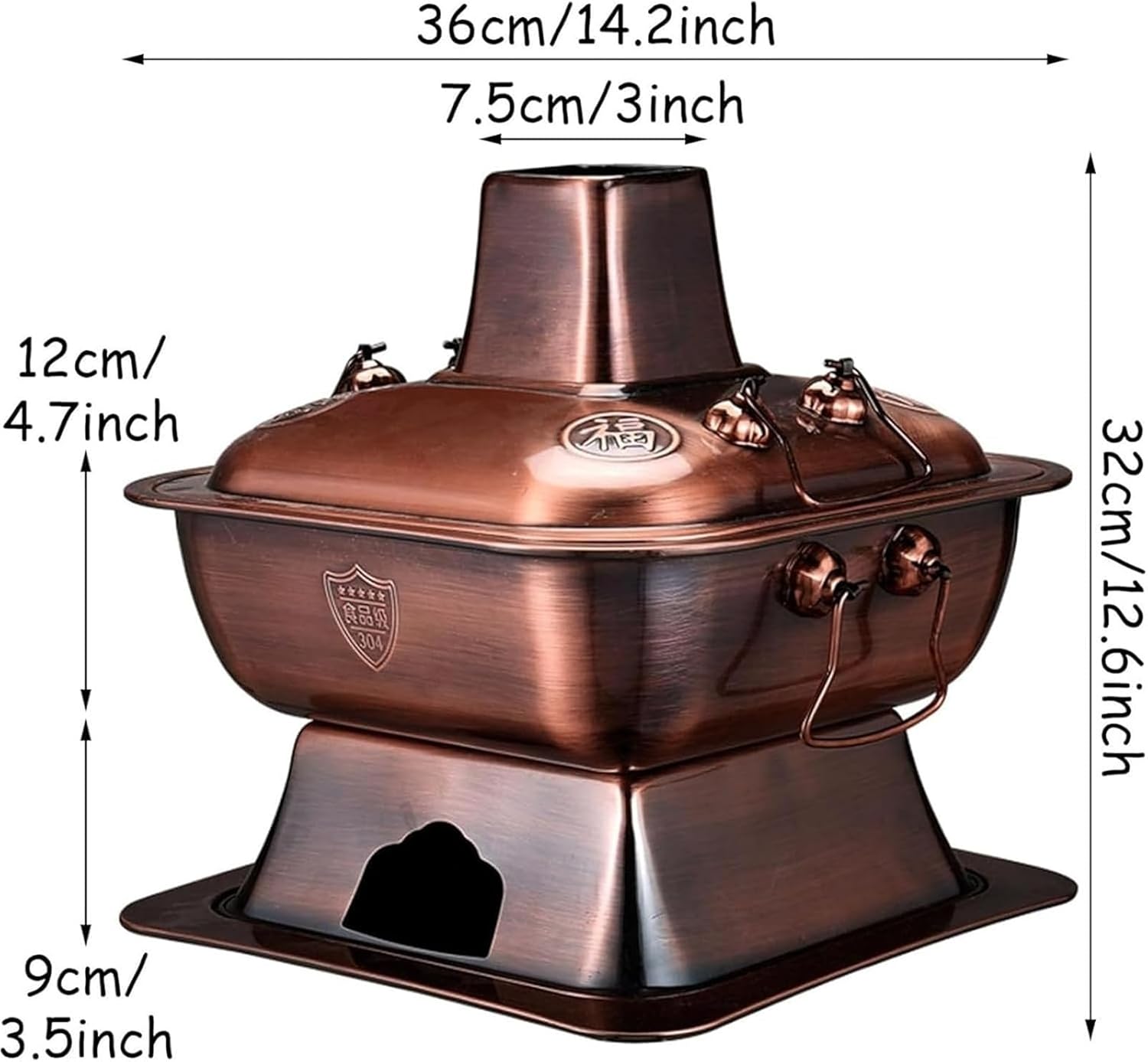 Chinese Copper Hot Pot, Chinese Style Beijing Charcoal Imitation Copper Hot Pot,Stainless Steel Charcoal Hot Pot, Split Design Easy To Clean Square Cookware For Camping Home,Red Copper,32cm(Silver,36c