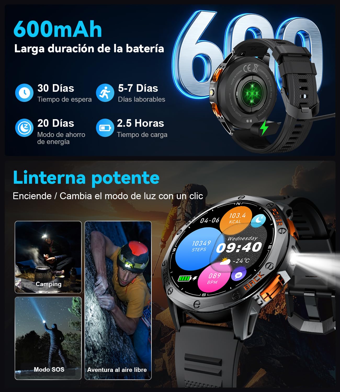 LIGE Reloj Inteligente Hombre GPS, Smartwatch AMOLED 1,43", Brújula, Altímetro, Barómetro, Linterna, Batería 20 Días, 5ATM, Llamadas Bluetooth, Monitor Salud, Compatible Android iOS, DM1-I