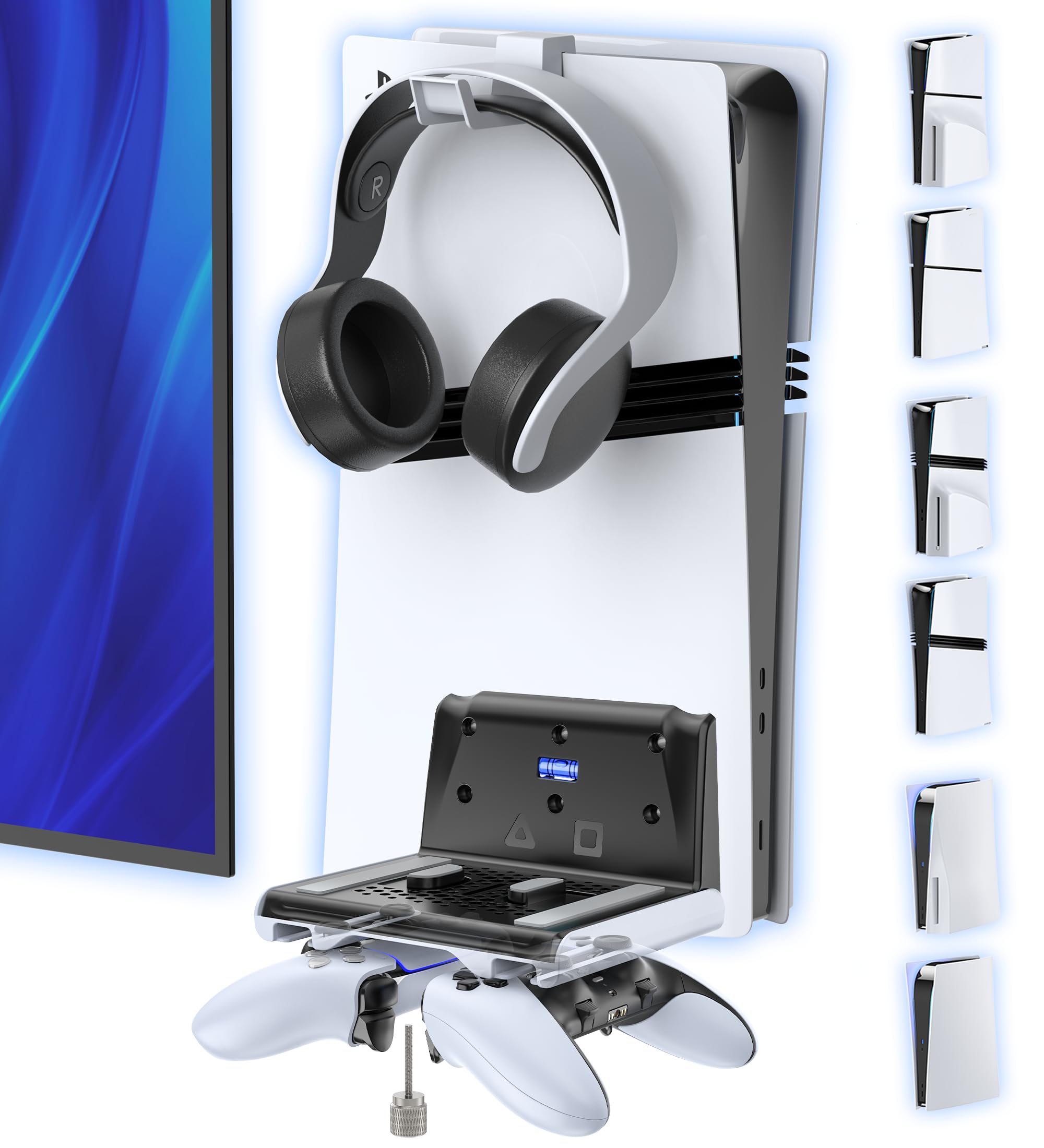 Support Mural PS5 pour Console PlayStation 5 Original/Slim/Pro, Support PS 5 Vertical et Accessoires avec Support Casque, Rangement Espacé-Économique et Organisation Salle de Jeu
