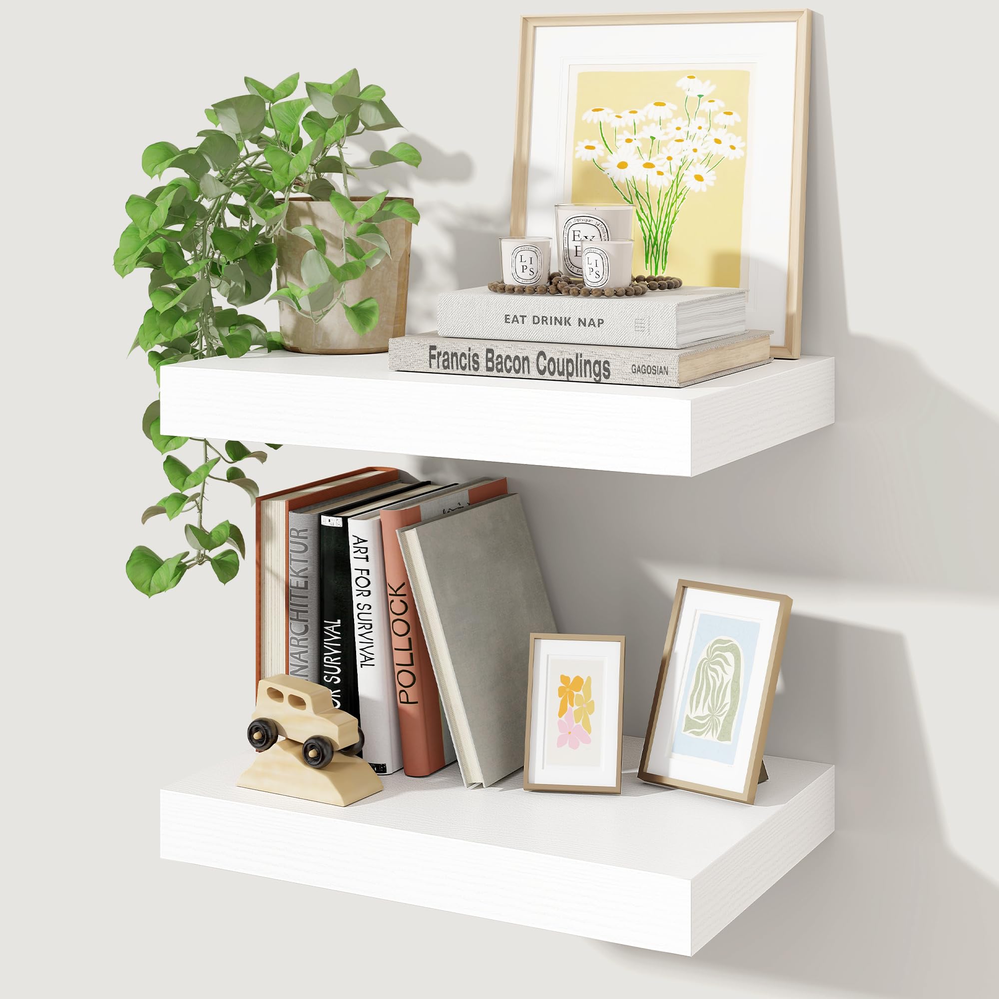 Axeman 16Inch Floating Shelves for Wall, 2 Pack Shelves for Bedroom, Bathroom, Kitchen, Hanging Wall Mounted Rustic Wood Shelf with Invisible Brackets