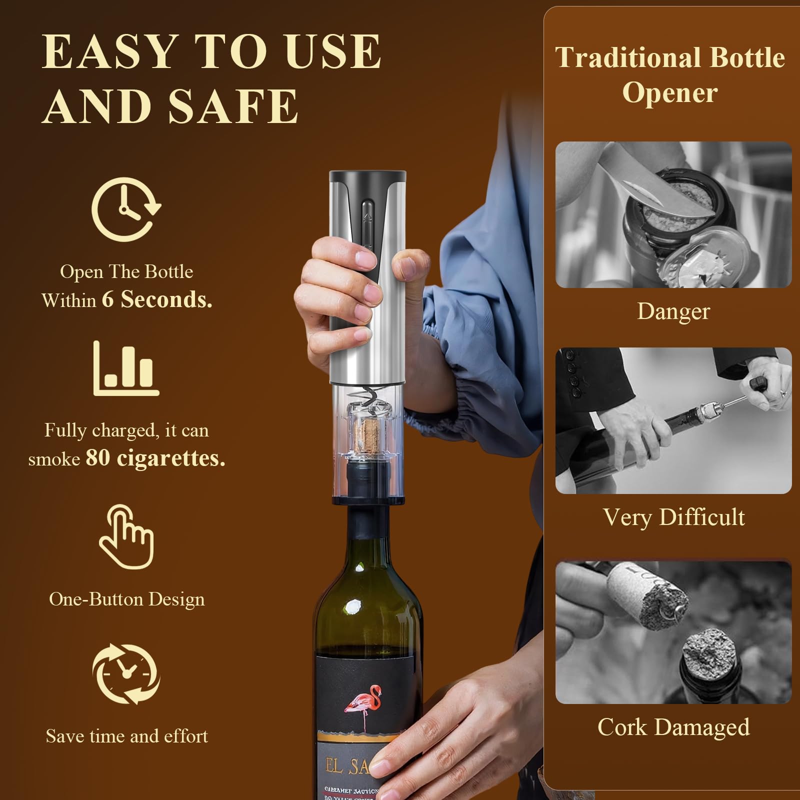 Abrebotellas de vino eléctrico, sacacorchos automático eléctrico recargable con cortador de papel de aluminio y cable de carga USB para Hogar,Bar y como Regalo,Plata