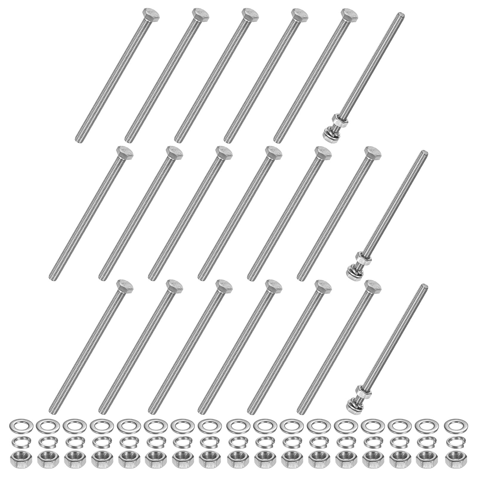 M METERXITY 20-Pack Hex Head Screw Bolt with Nuts Flat & Lock Washers M6x100mm Stainless Steel Bolts and Nuts Kit Fully Threaded Metric Bolt Assortment for Equipment/Machinery