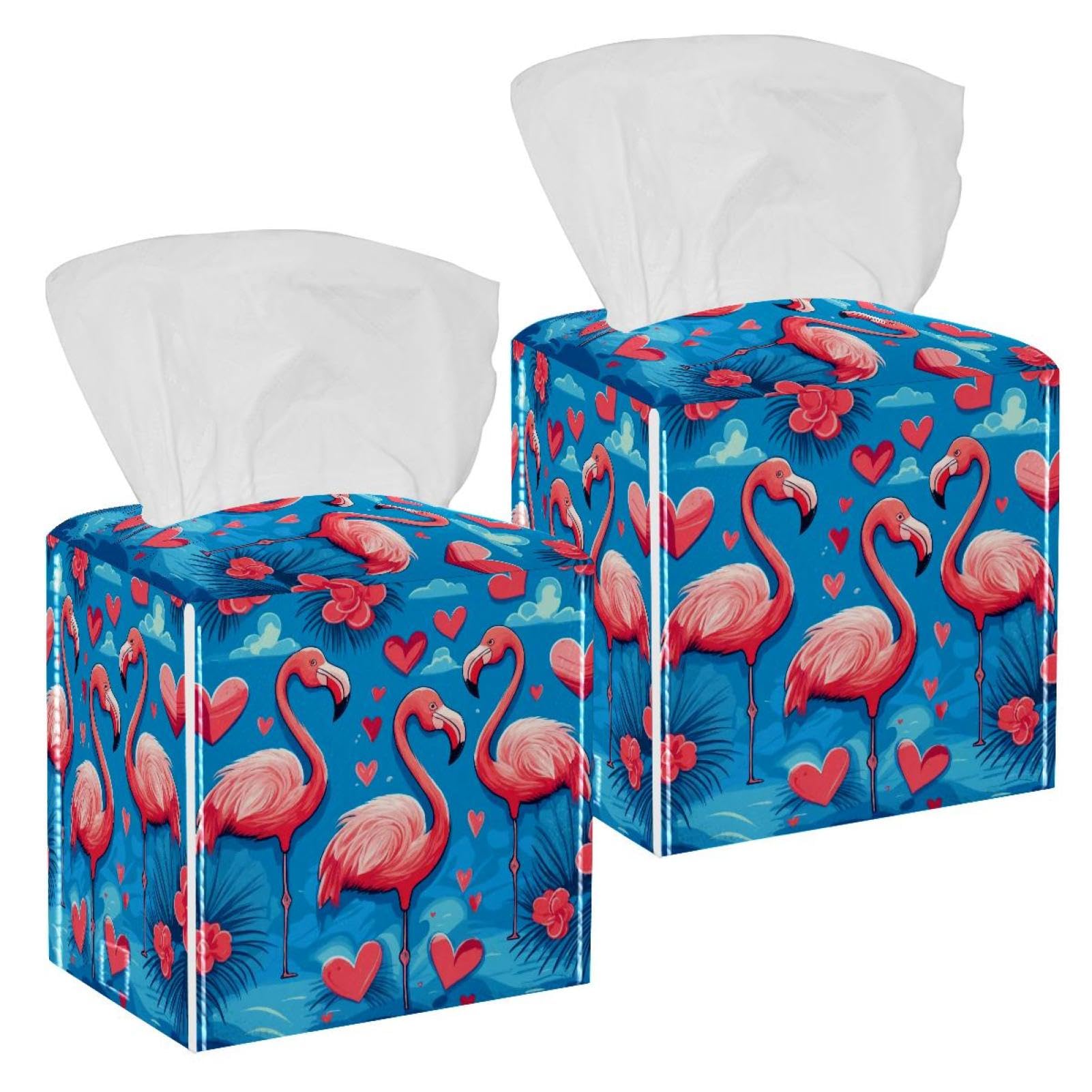 Flamingo Tissue Box Cover, 2 Pack PU Leather Square Facial Tissue Dispenser Box holder for Home Office Car