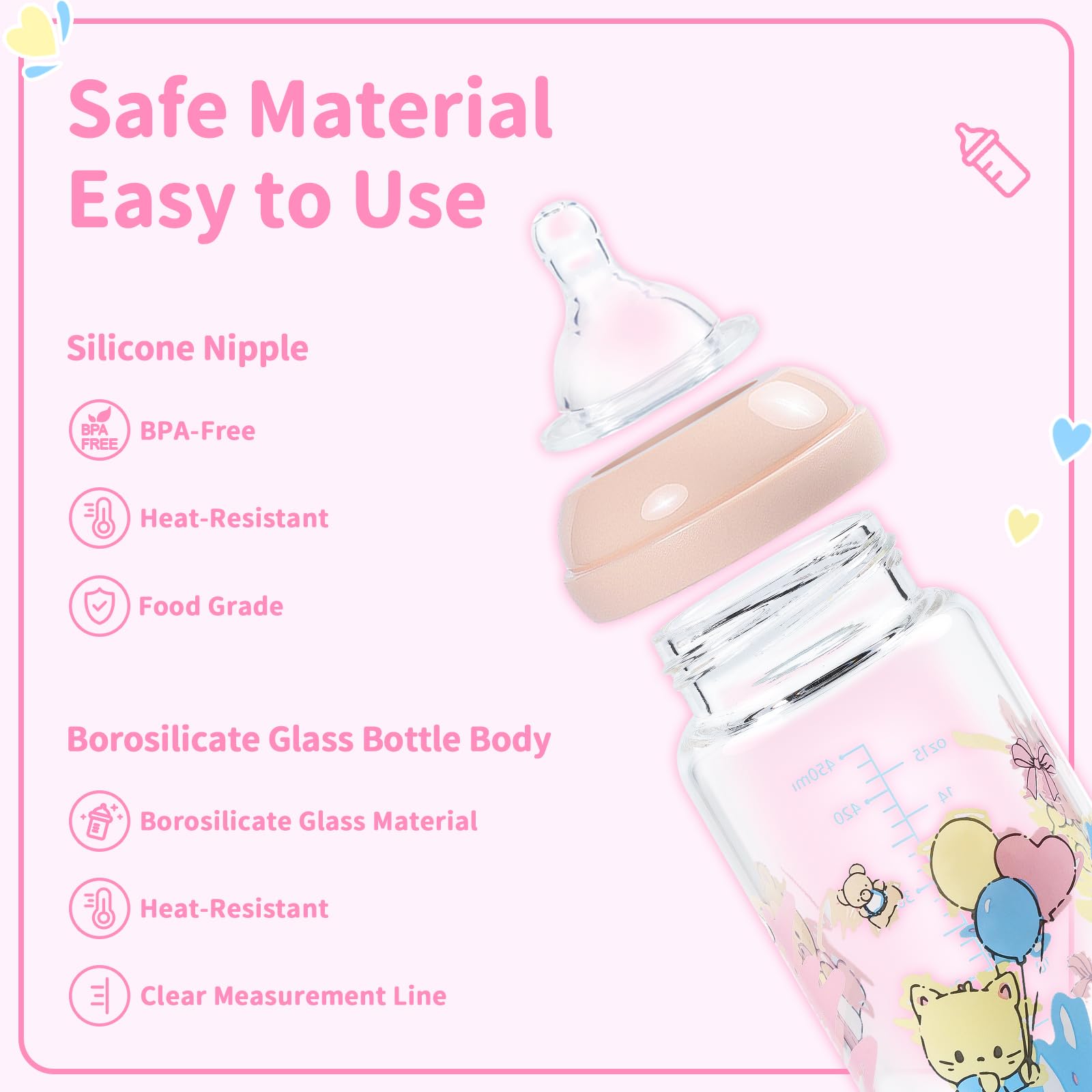 LittleForBig Adult Baby Bottle Ultra Printed Specialty Oversized Glass Feeding Baby Cuties Pattern, Pink - Image 3