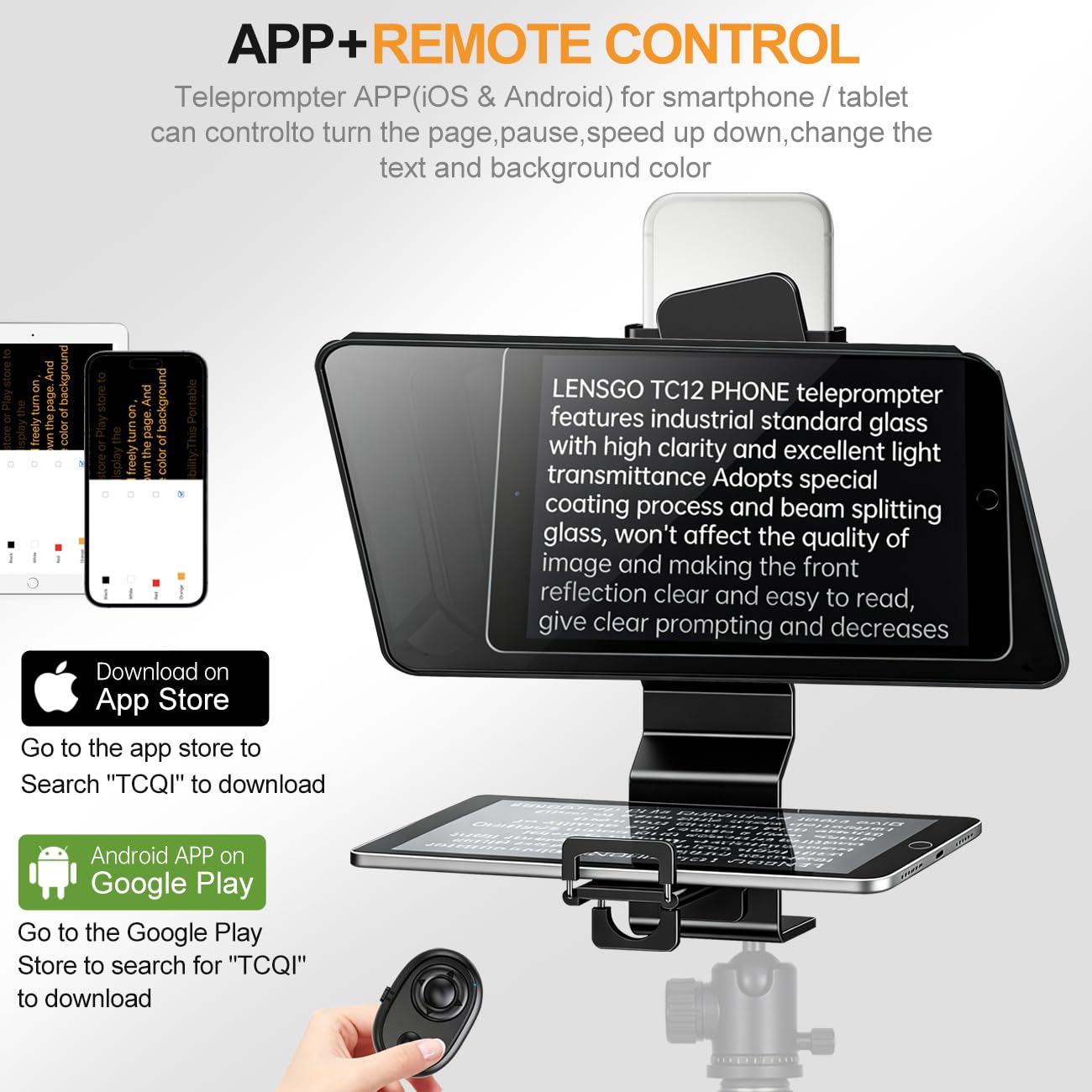 LENSGO TC12P Teleprompter für Smartphone, 11,98 Zoll HD Weitwinkel unterstützt iPad/Tablet bis zu 18,5 cm - Beam Splitter Glas mit Bluetooth Fernbedienung - Weitwinkel Unterstützung für YouTube