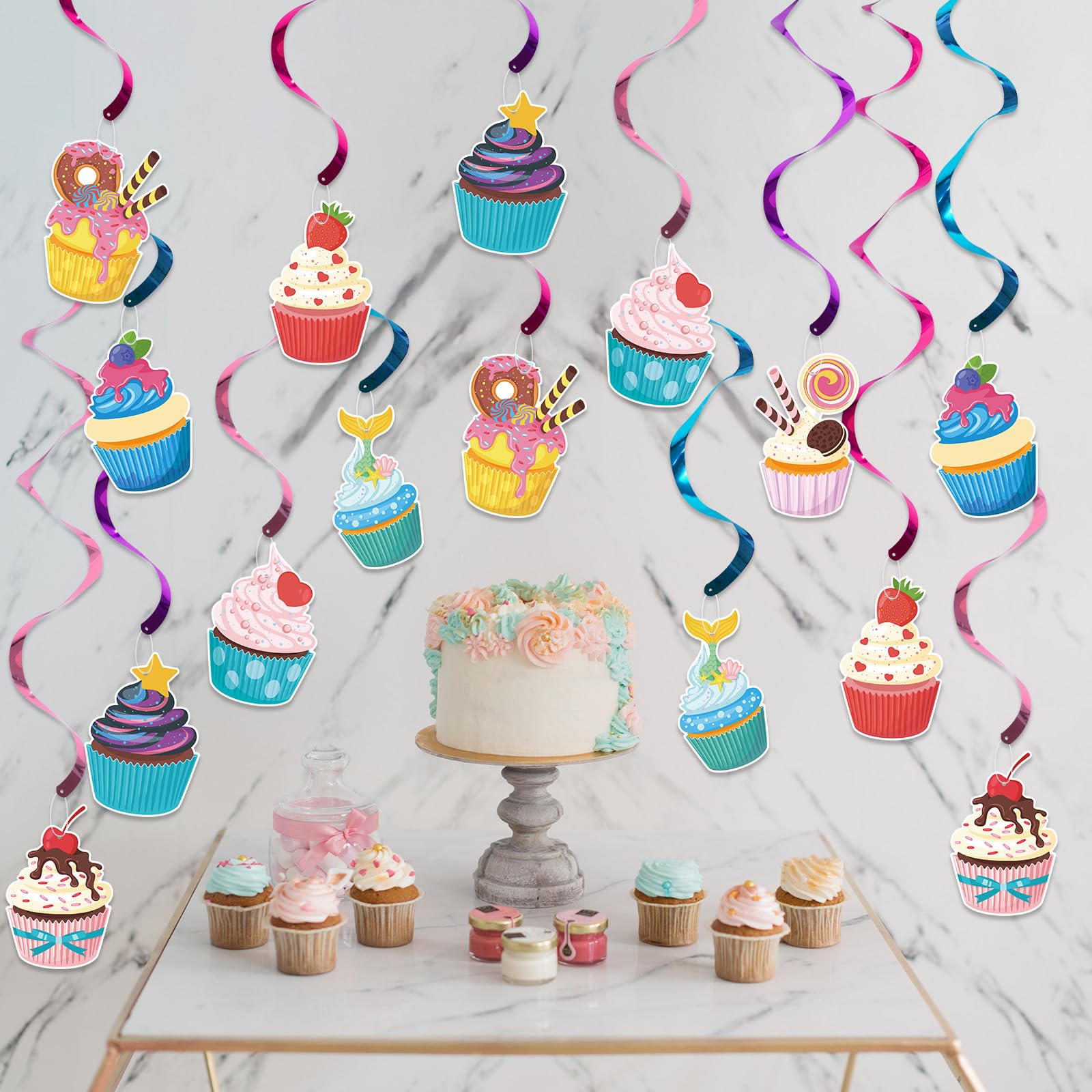 16PCS Cupcake Hanging Swirls - Ice Cream Ceiling Decorations For Parties
