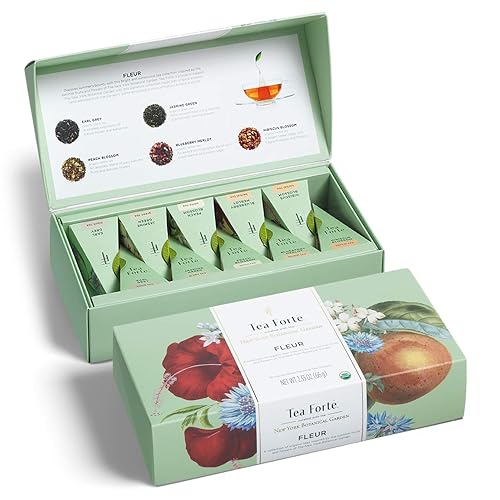 Tea Forte Fleur Surtido de té orgánico, caja de presentación pequeña, juego de muestrario de té con 10 infusores de té en forma de pirámide hechos a