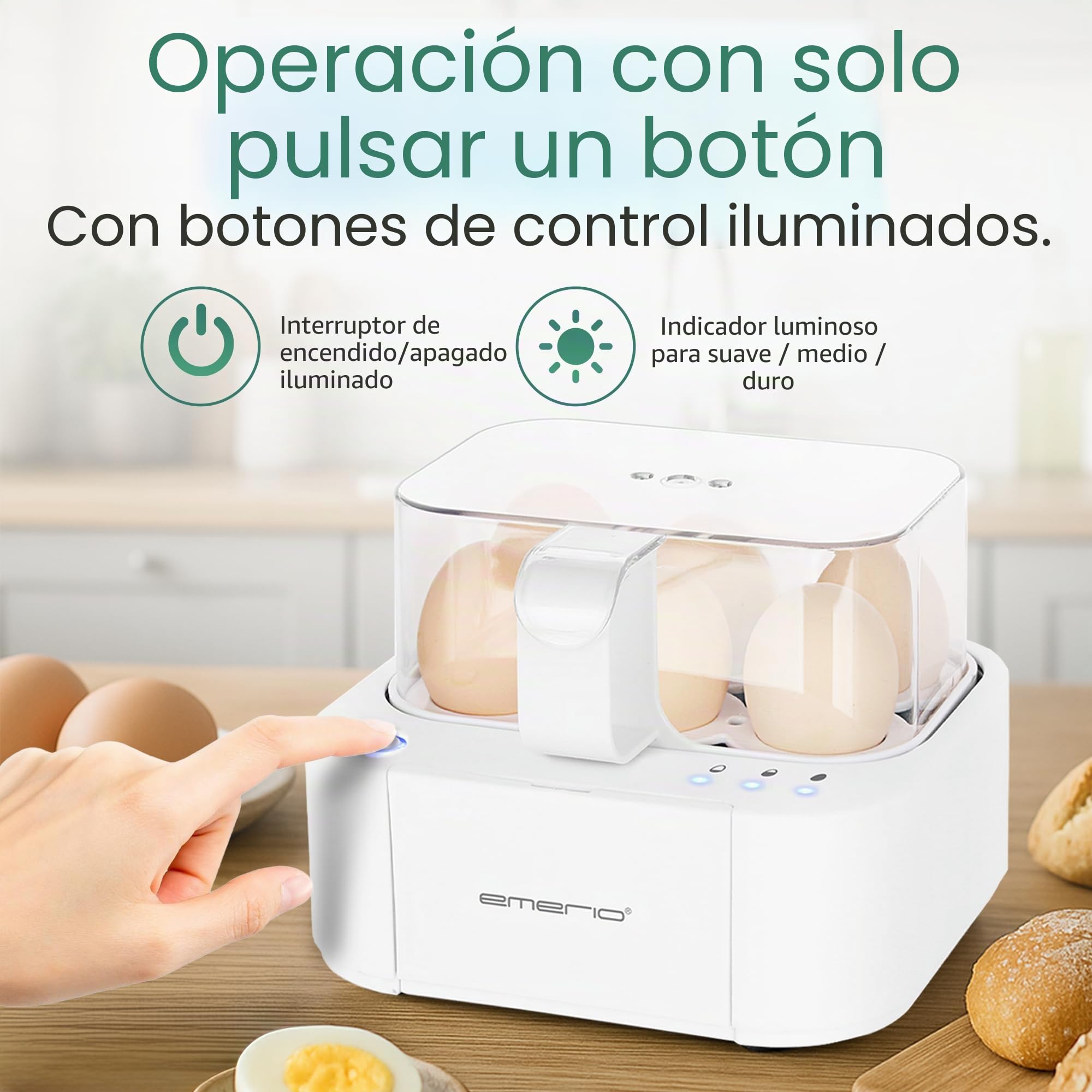 Emerio El mejor hervidor de huevos EB-115560 cocina los tres niveles de cocción [suave|medio|duro] en un solo proceso de cocción con un resultado perfecto y salida de voz, único en tecnología y