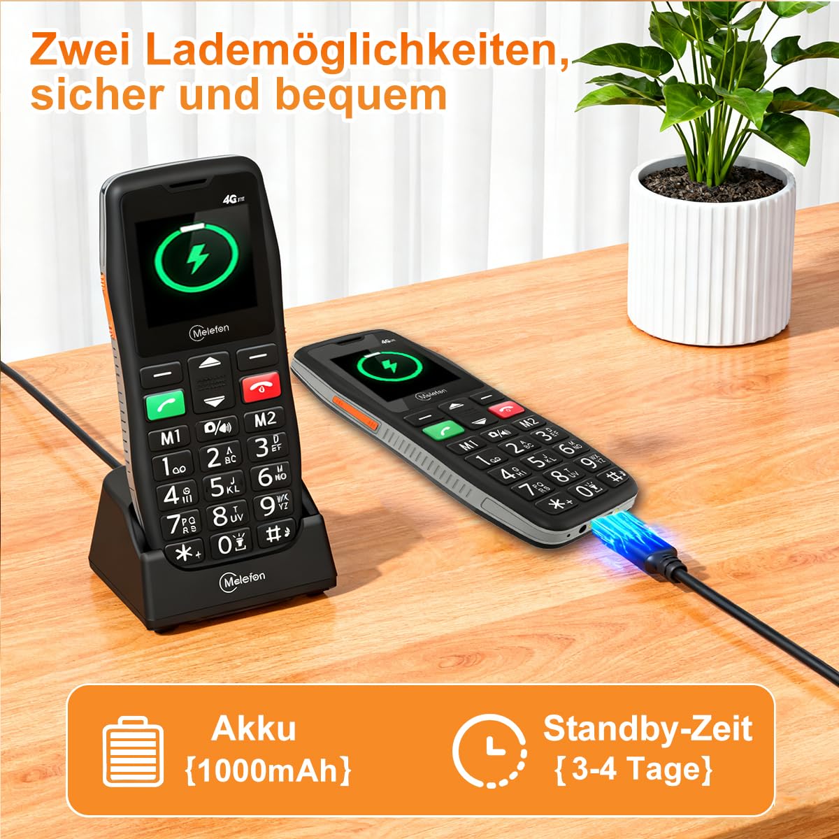 4G-Seniorenhandy ohne Vertrag – kompaktes Handy mit großen Tasten, SOS-Taste, 1,77-Zoll-Farbdisplay | USB-C-Ladestation, UKW-Radio, Tastensperre | Einfache Bedienung