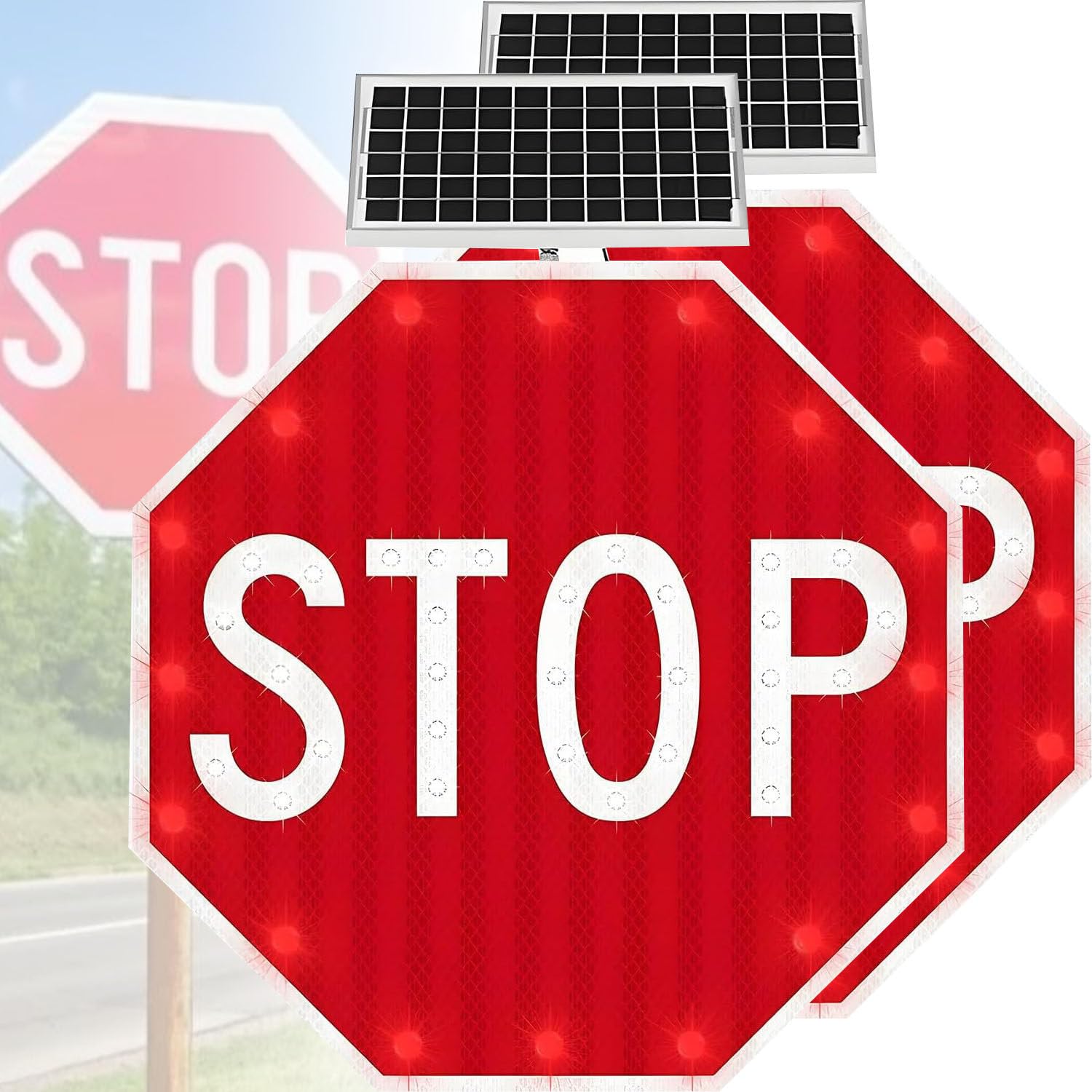 Señales de Stop Reflectantes con energía Solar, señal de tráfico Octagonal de Aluminio, con película Reflectante de Grado Industrial, señal de Stop LED Intermitente con energía Solar 32IN-2