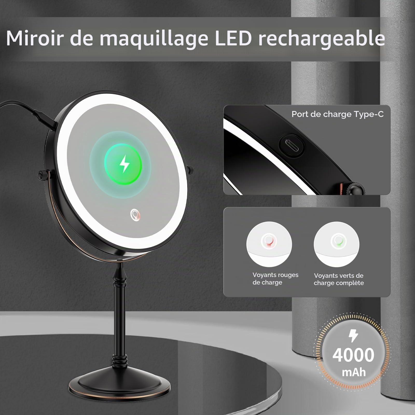 Nicesail Miroir Grossissant sur Pied Noir Bronze x10 - Miroir Maquillage Lumineux - Miroir de Table Rétro - Rechargeable - Trois Couleurs de Lumière - Salle de Bain,Diamètre 20cm