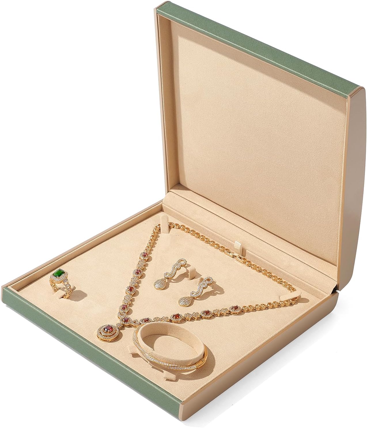 5 in 1 PU Leather Jewelry Set Box Microfiber Interior Gold Rimmed Necklace Earring Ring Bracelet Earring Gift Box Jewelry Case (Green)