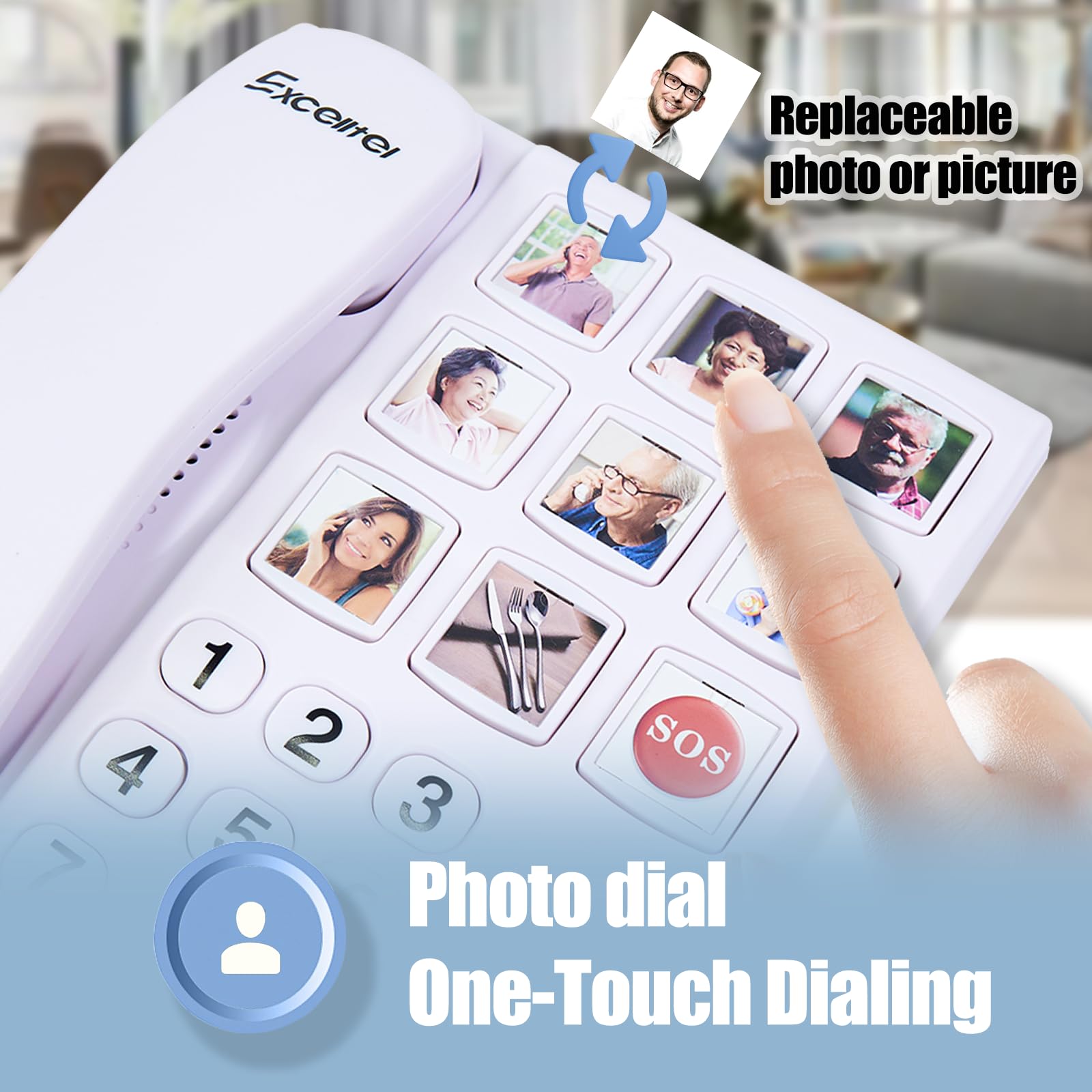 Telefono fisso con grande pulsante per anziani, con funzione vivavoce e 9 gruppi di memoria, composizione one-touch, adatto per persone con disturbi della vista/danni all'udito (EX-LD-858HF)