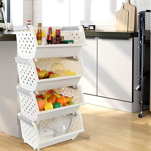 Miniatura 5 de Paquete de 4 cestas apilables grandes, de plástico, apilables, desmontables, para almacenamiento