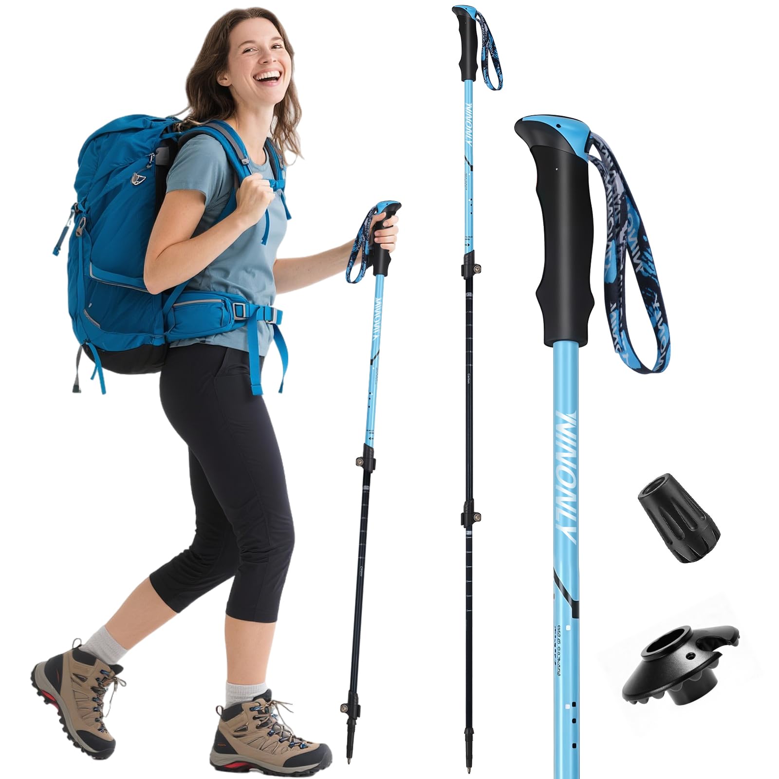 Ninonly Bâton de Marche Télescopique Carbone, Bâtons de Randonnée Nordique pour Hommes & Femmes, Ultralégers avec Poignée EVA et 3 Pointes, 150kg pour Trekking et Sports de Montagne