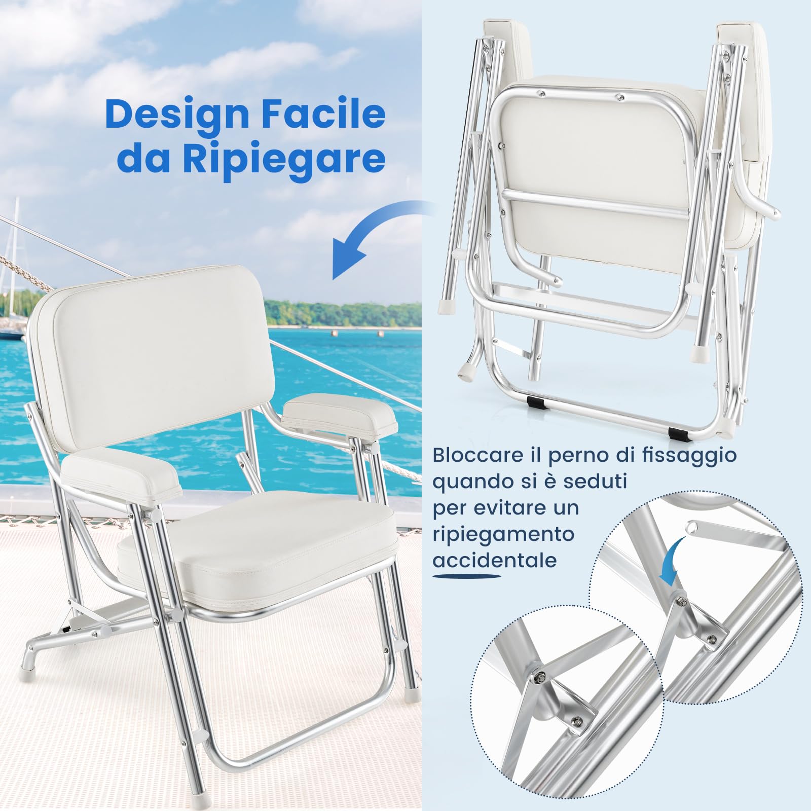 COSTWAY Sedia da Barca Pighevole, Sedia da Spiaggia in Alluminio | con Seduta Imbottita, Poltrona Portatile per Esterni, Piedini Antiscivolo, Sedia da Campeggio Portata 150 kg