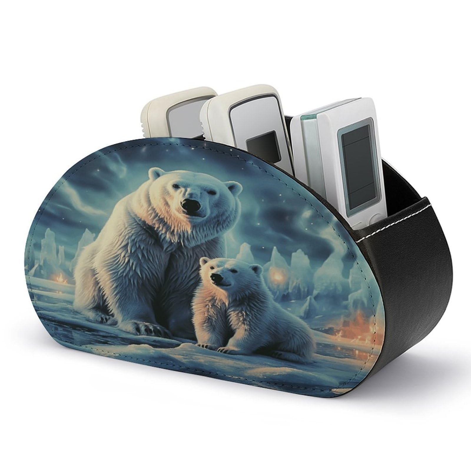 VstaDank Polar Bears Northern Lights Remote Control Holder Farmhouse TV Media Remote Storage Box with 5 Compartments PU Leather Remote Caddy Desktop Organizer for Home Bedside Table Organizer