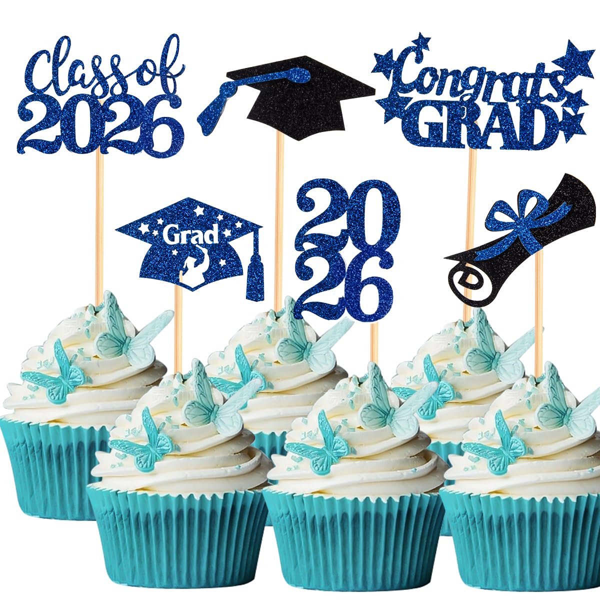 60 Pcs 2026 Graduation Cupcake Toppers,Glitter Class of 2026 Cupcake Toppers 2026 Congrats Grad Cap Diploma Cupcake Picks for Graduation Theme Party