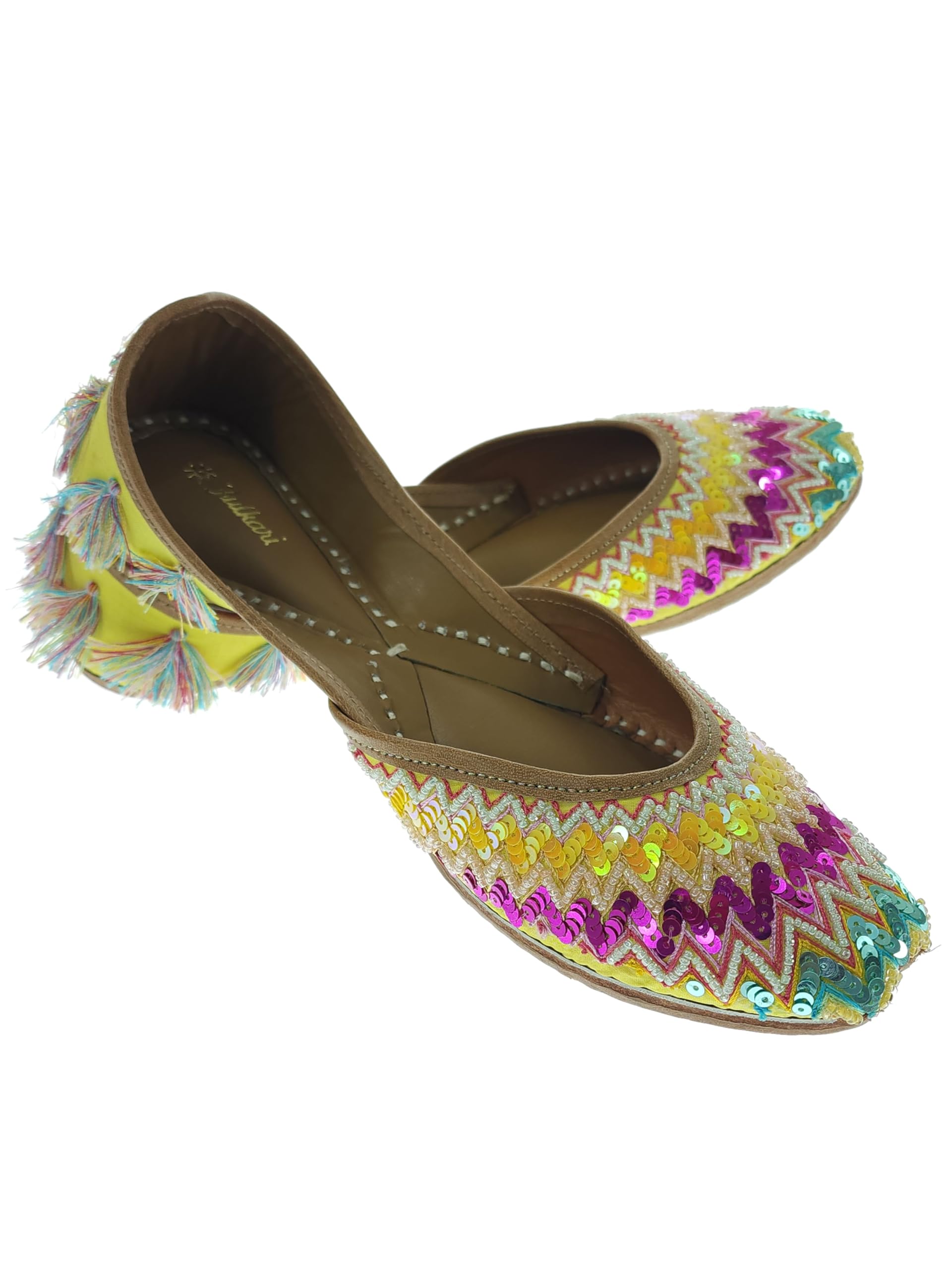 Women Lemon Balm Yellow Multicolor Genuine Soft Leather Embroidered Jutis | Bite and Pinch Free Jutti | Punjabi Formal Juttis | Girl's Wedding Flat Ladies Mojari | Formal Ethnic Juti |-image-5