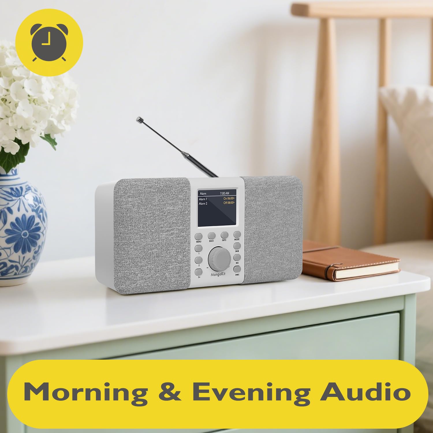 MD5 DAB stereo con altoparlante Bluetooth,digitale DAB+,radio FM da alimentata a rete a batteria,display a colori,40stazioni preimpostate,sveglia e orologio,Snooze,porta cuffie-grigio pietra