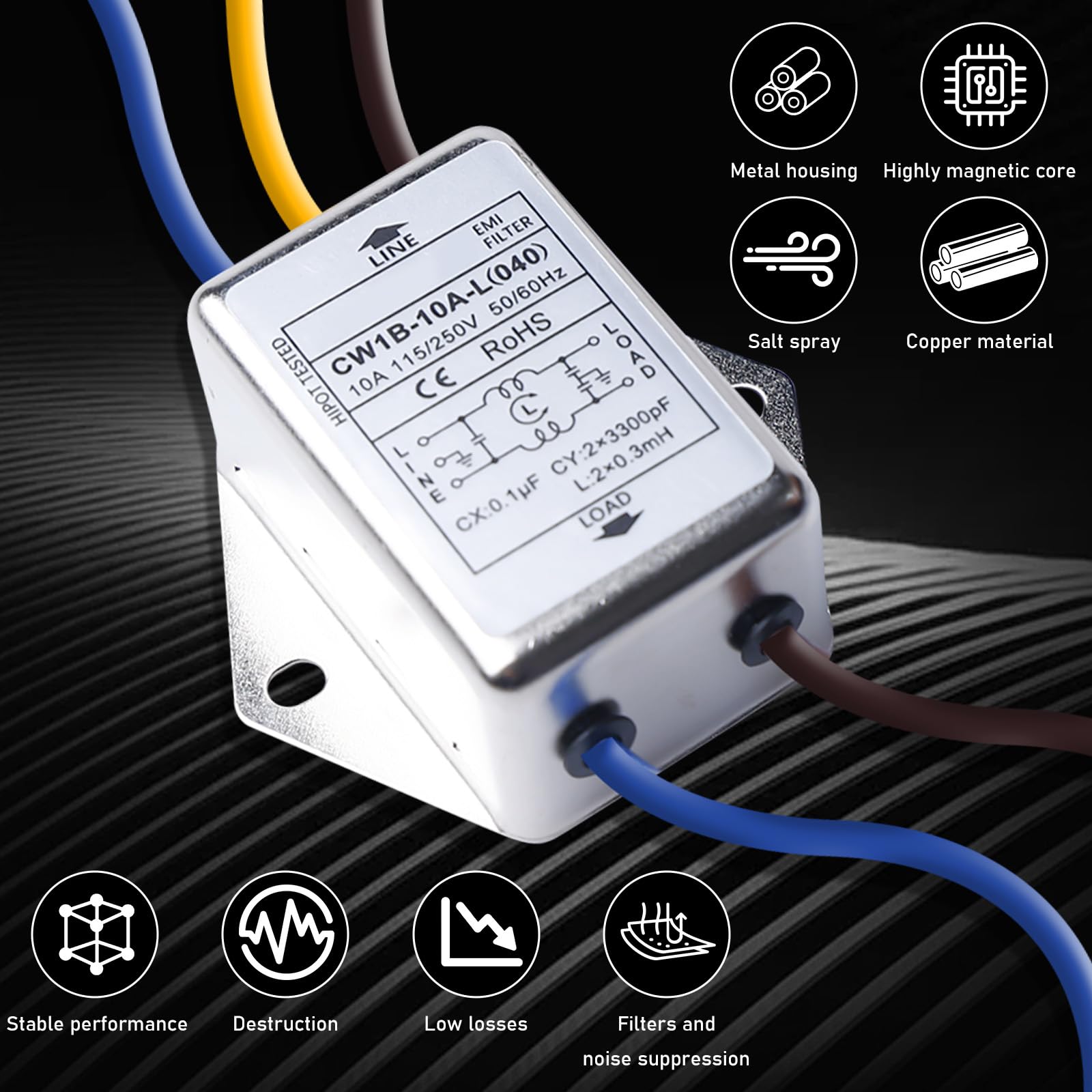 3 filtri EMI CW1B-10A-L - Filtro monofase 250 V 10 A, filtro elettromagnetico per la soppressione di disturbi impulsi continui e intermittenti