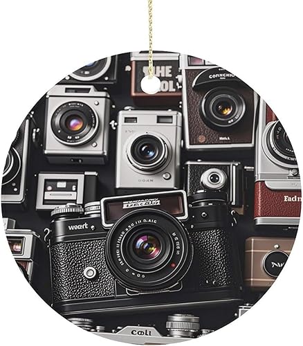 Retro Cool Camera CollectionChristmas Ornaments Christmas Round Ceramic Pendant Christmas Hanging Decor for Women Men Xmas Tree Decorations Keepsake