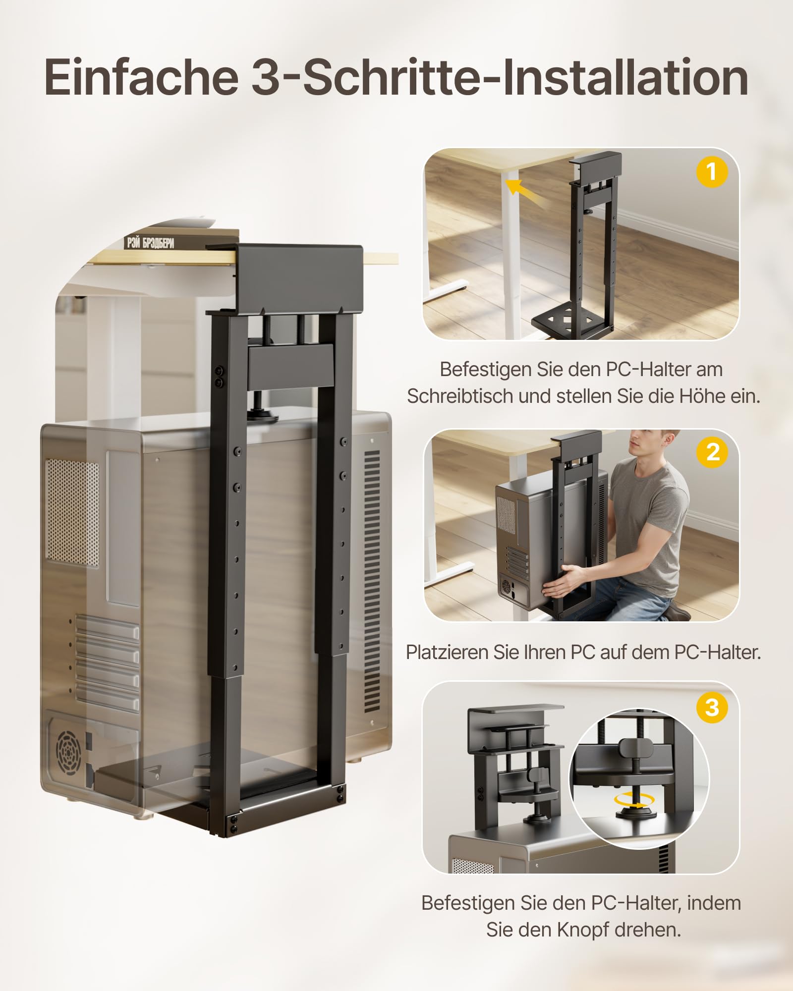 monTEK 30KG PC-Halterung unter Schreibtisch, Ohne Bohren montierbar | Heavy-Duty, Verstellbare Desktop PC Halterung mit Schutzpolstern, 41CM-65CM Höhe, für Büro, Zuhause, Klassenraum, Schwarz
