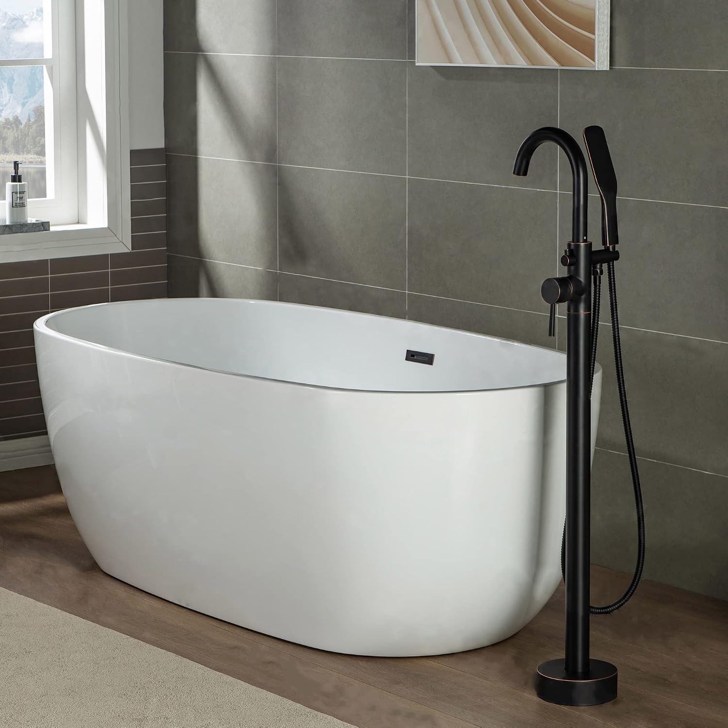WOODBRIDGE Contemporary Single Handle Floor Mount Freestanding Tub Filler Faucet with Hand Shower in (Oil Rubbed Bronze) Finish,F0010-ORBSQ
