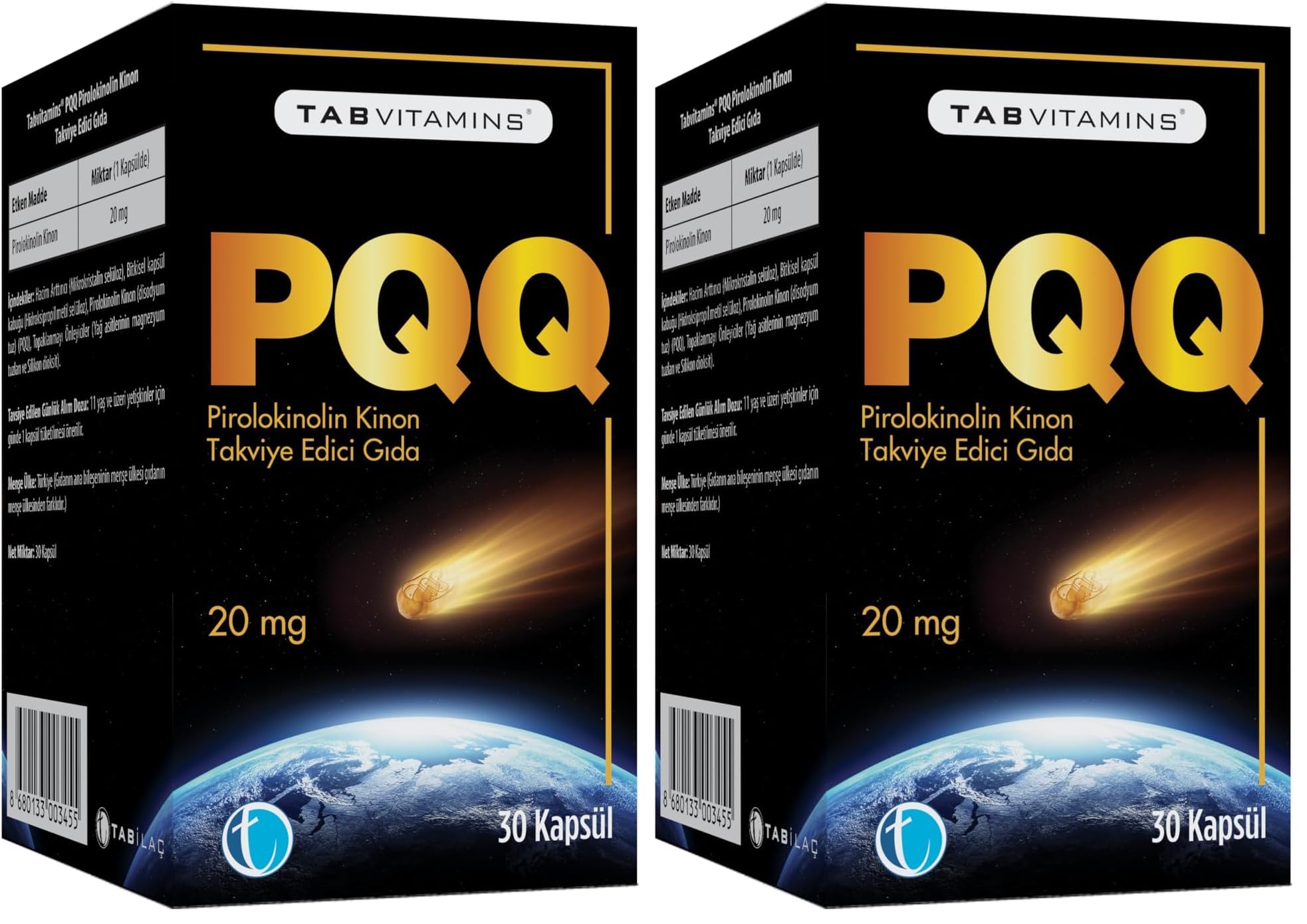 Tabvitamins PQQ Pirolokinolin Kinon 20 Miligram 30 Kapsül (2 paketi)