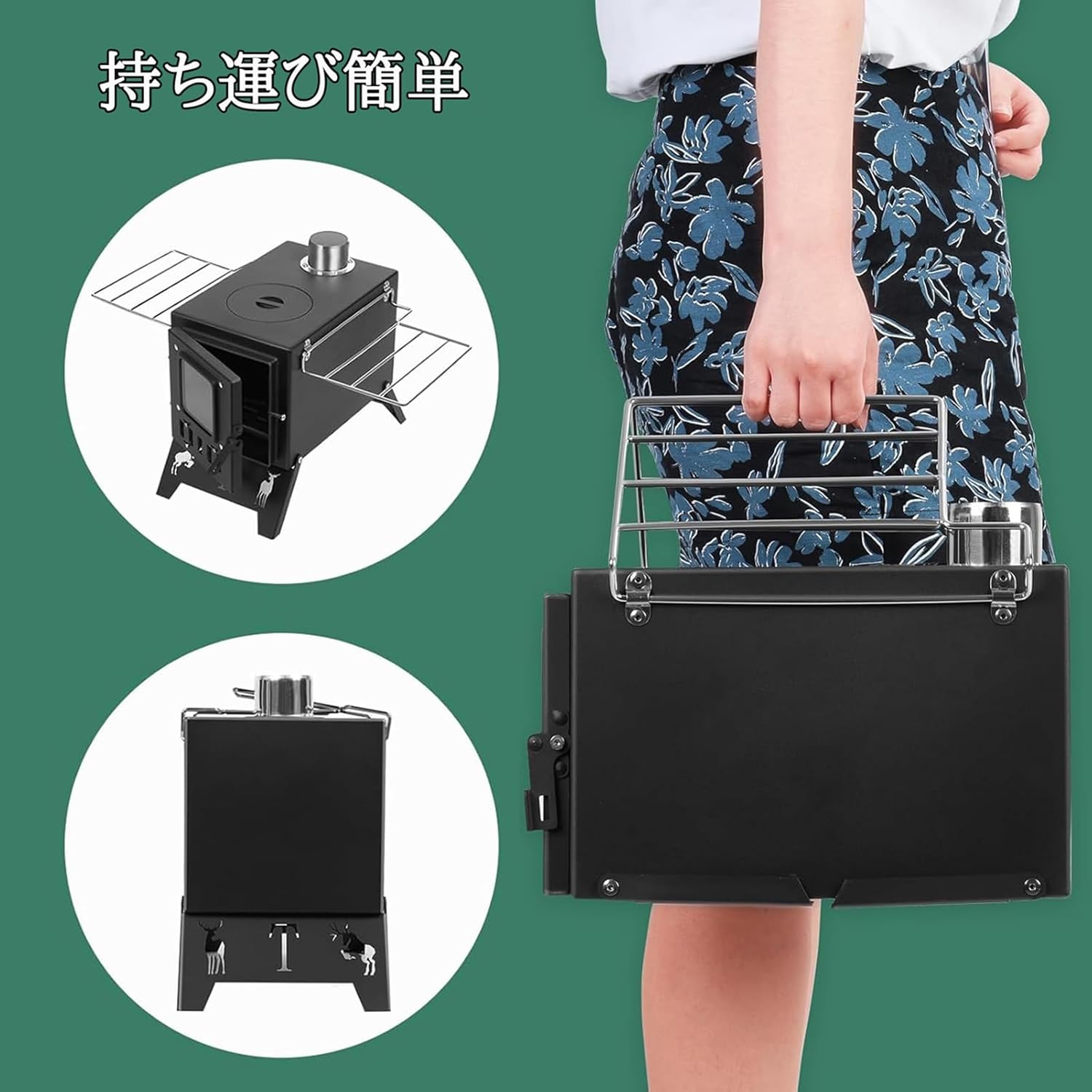薪ストーブ キャンプ テント 折りたたみ式 コンロ ステンレス 薪暖炉 煙突・耐熱ガラス窓・グリッド棚搭載 携帯便利 小型 コンパク