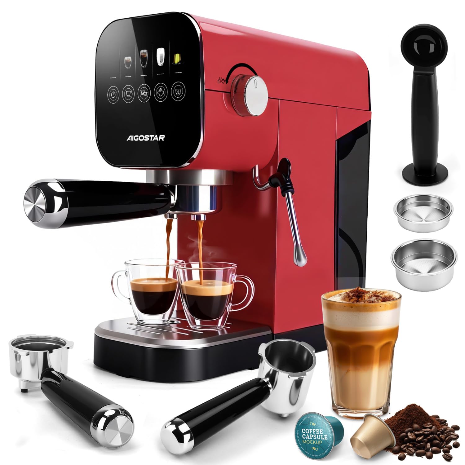 Aigostar Cafetera Espresso 20 Bares para Cápsulas y Café Molido Inox, Rojo | Panel táctil, espumador de leche, 1 o 2 tazas, depósito de 0,9 L, 1350 W, ideal para espresso, capuccino y latte