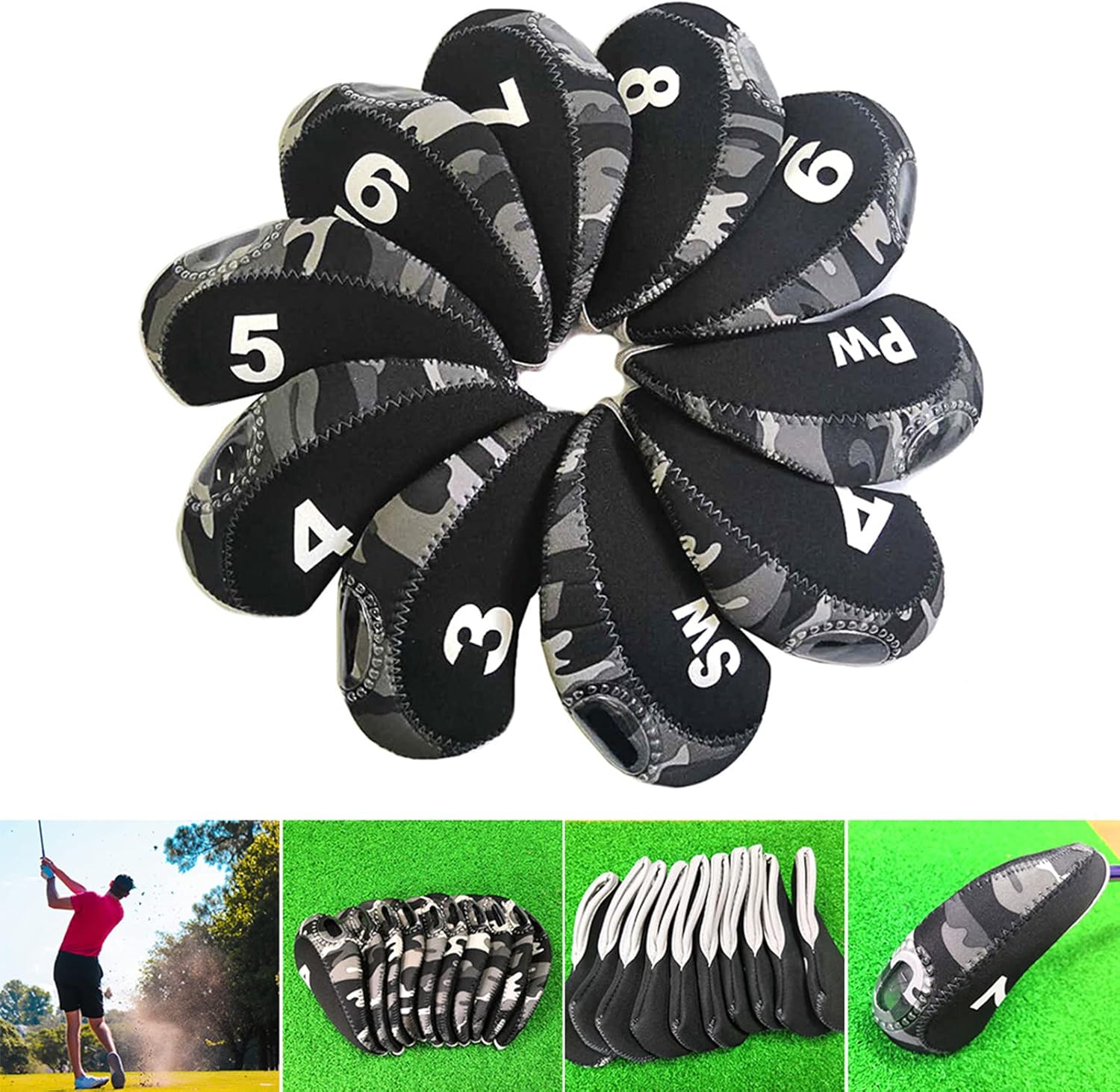 10Pcs/Pack Golf Iron Covers Set Golf Club Head Covers Sport Protector Lightweight Waterproof and Durable Nylon Camou Golf Supplies