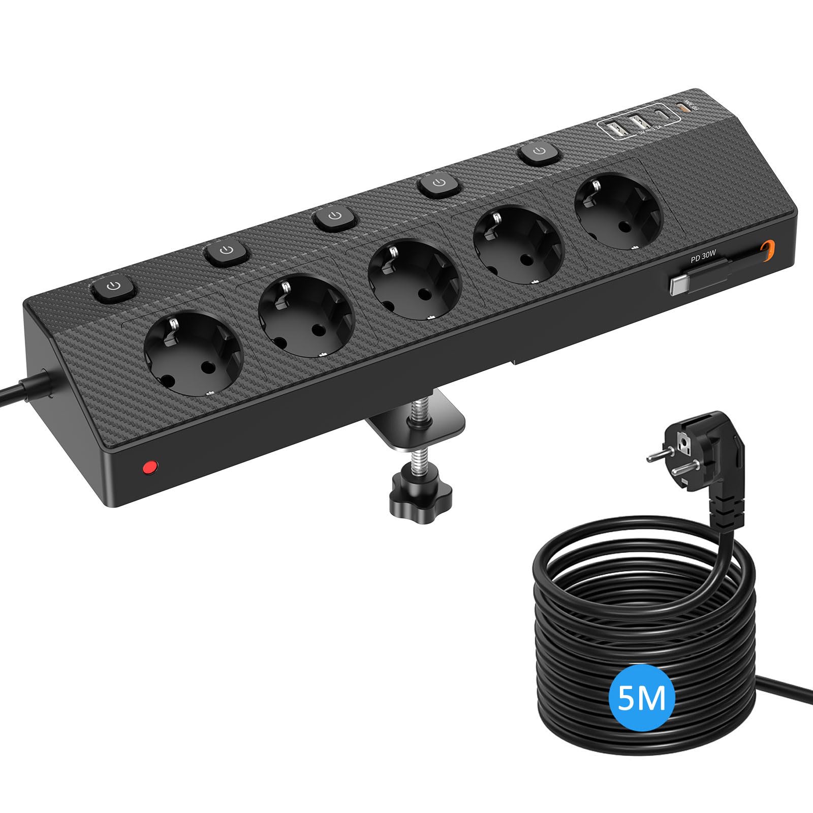 PASSUS Presa multipla con 2 USB C da 30 W, cavo di prolunga da 5 m, colore