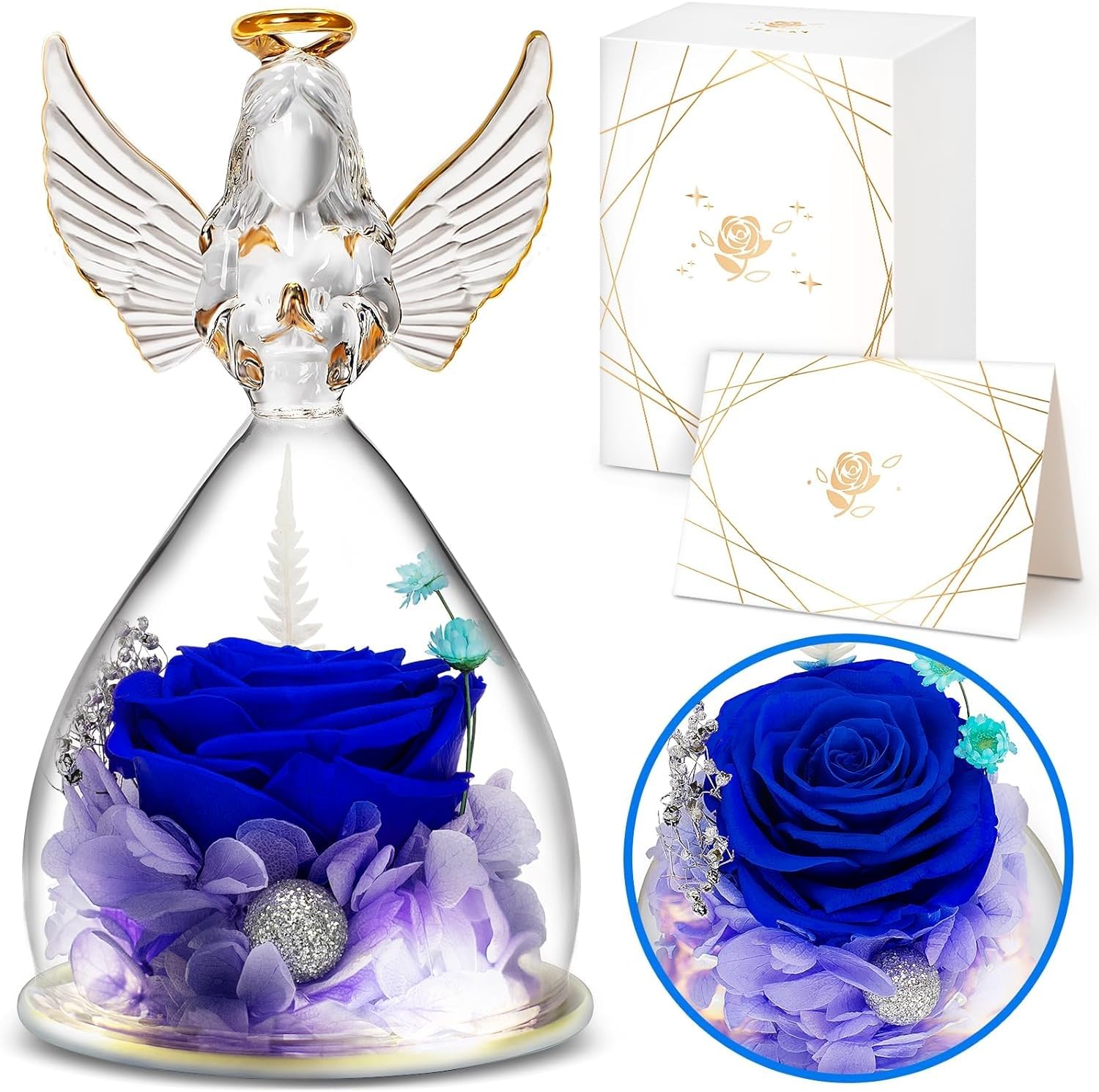 Mom Gifts from Daughter, Mothers Day Rose Gifts for Mom Grandma Women Wife, Angel Figurines with Real Blue Rose Gifts for Her, Mother's Day Flower Gift Ideas, Birthday Gift of Preserved Rose in Glass