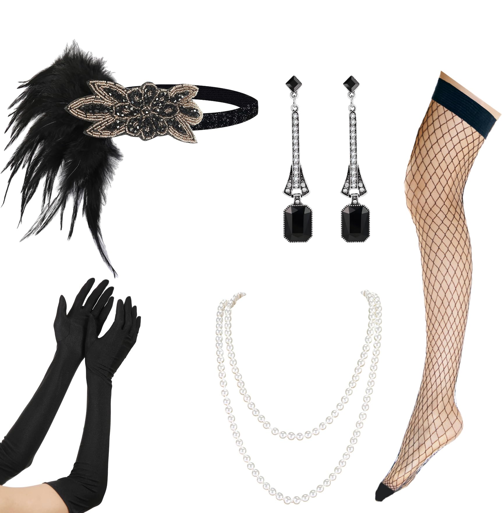 Flapper Accessory Set Great Gatsby Costume Headband Necklace Gloves Earrings 1920s Flapper Accessories Set, Great Gatsby, Roaring 20s  main image 4