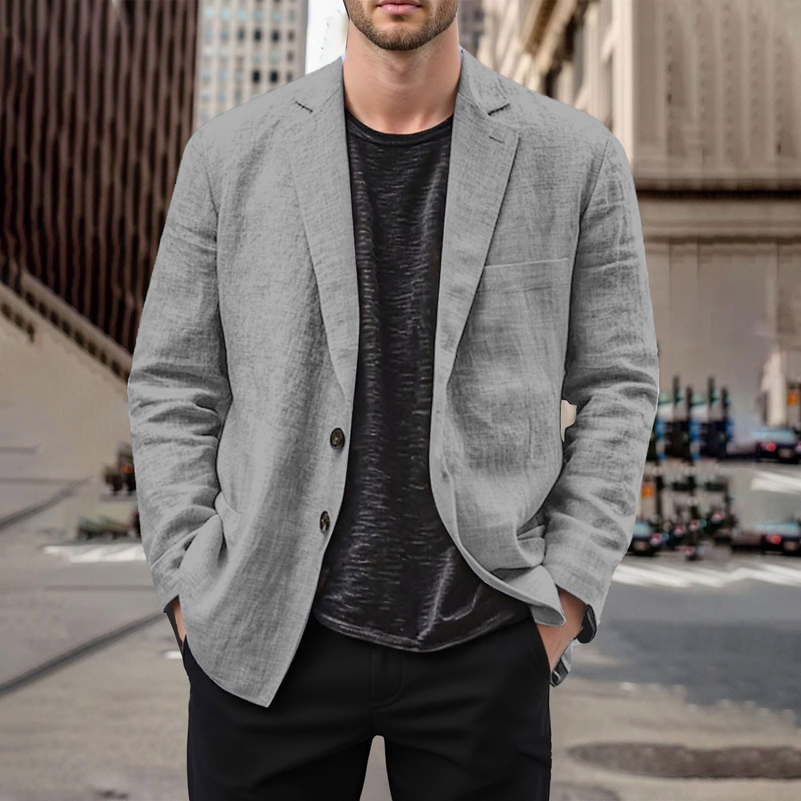 Giacca leggera in lino da uomo, sportiva, estiva, blazer estivo, colletto rovesciato, con bottoni, giacca da lavoro, comoda giacca sportiva elegante