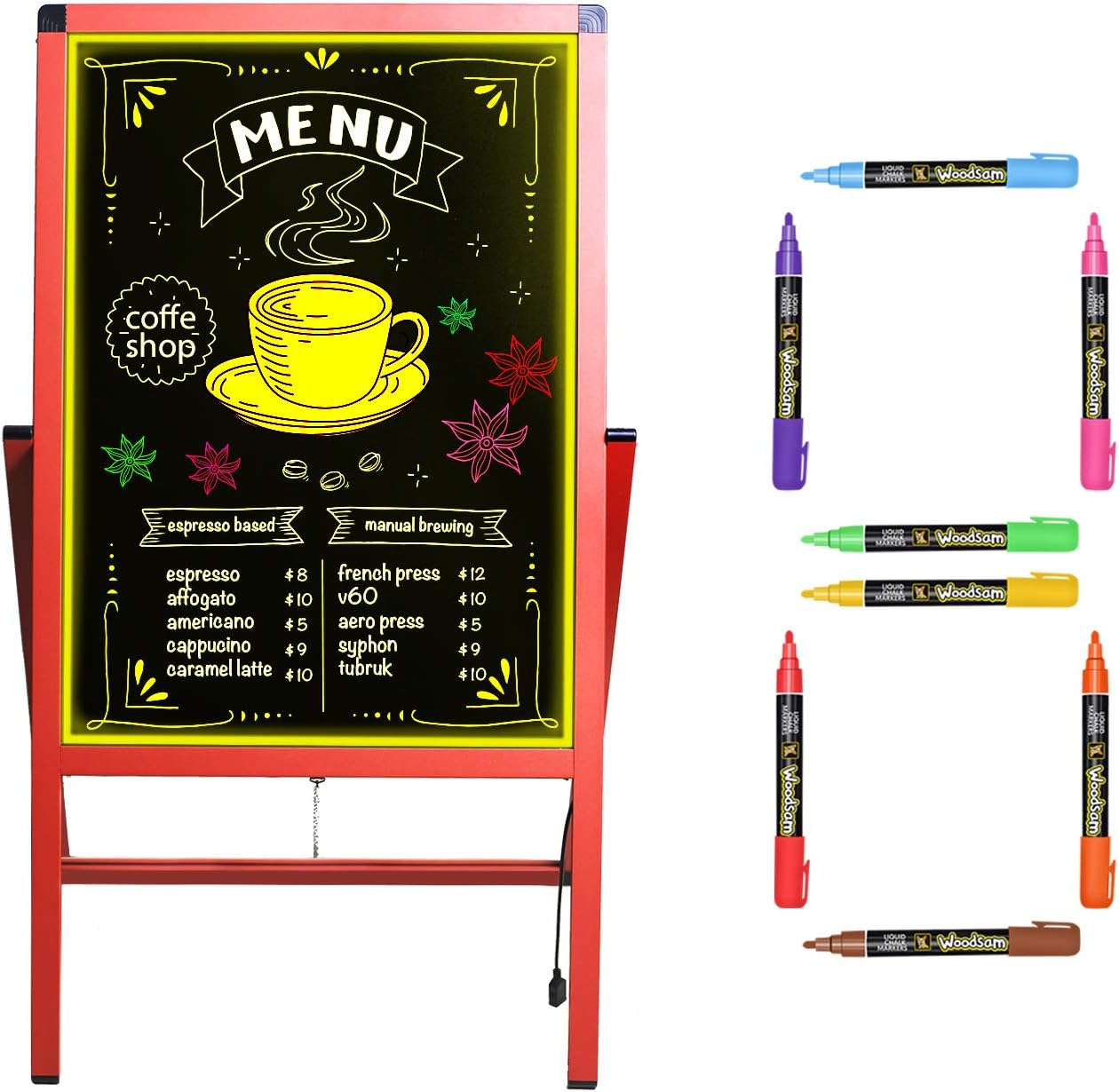 Woodsam 28"X20" Reversible LED Message Writing Menu Board/Chalkboard with Stand for Storefronts, Flashing Illuminated with Remote Controlled, Multiple Colors, Flash Modes
