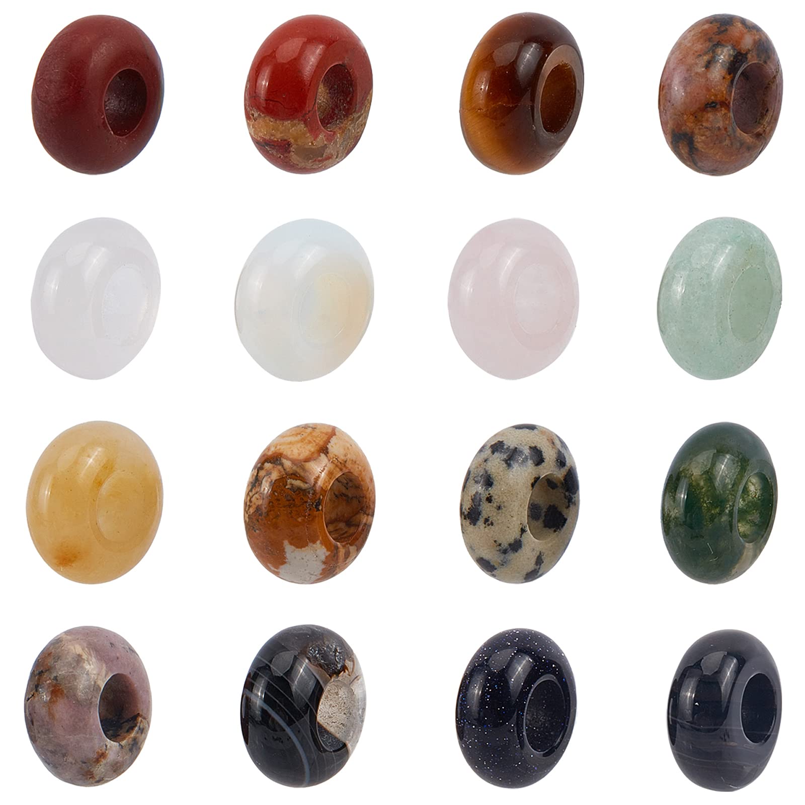 NBEADS 32 Pcs European Gemstone Rondelle Beads Assorted Stones Chains Large Hole Spacer Beads Charms for Jewellery Making