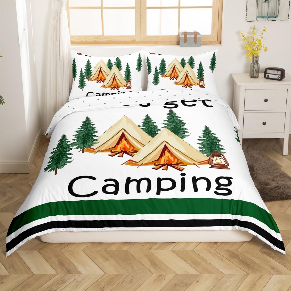Loussiesd Happy Camping zestaw poszewek na kołdrę, rozmiar king size, dla dzieci, chłopców, dziewcząt, nastolatków, wzór ogniska, zestaw pościeli, akcesoria do przyczep podróżnych, biała poszewka na